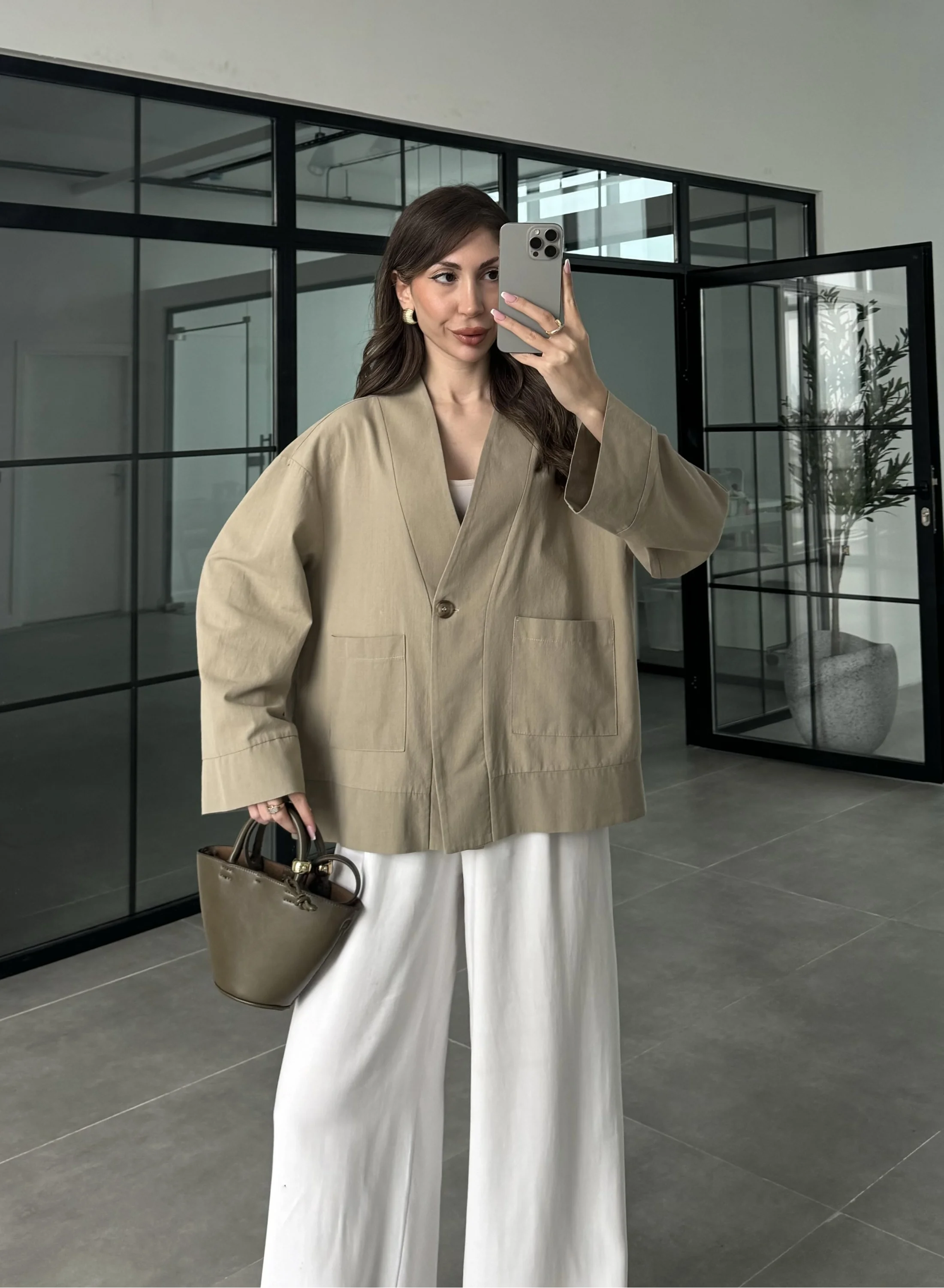 V Yaka Tek Düğme Keten Vizon Kimono Ceket
