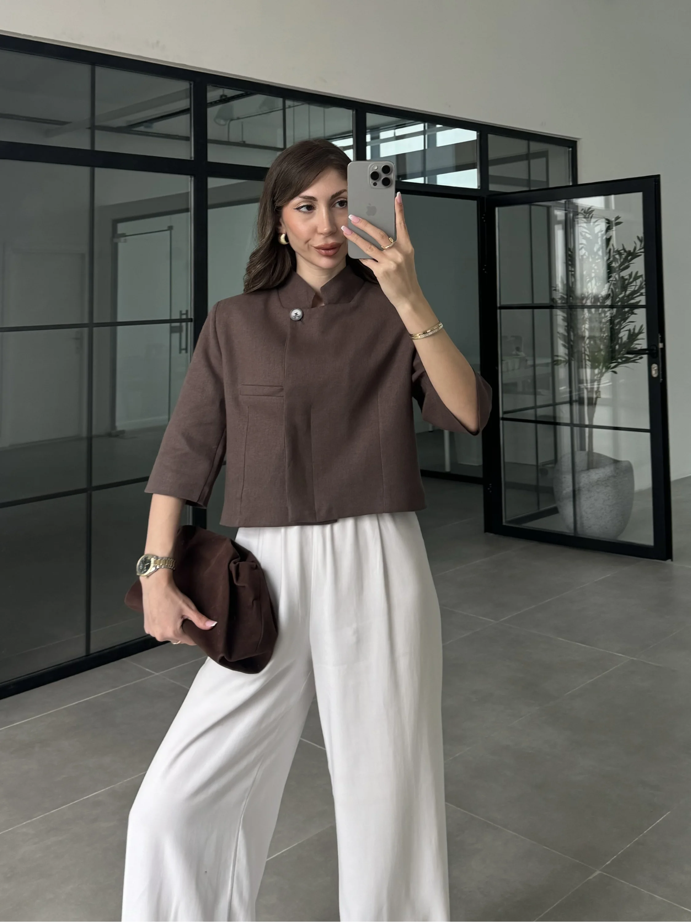 Astarlı Crop Kahve Keten Ceket