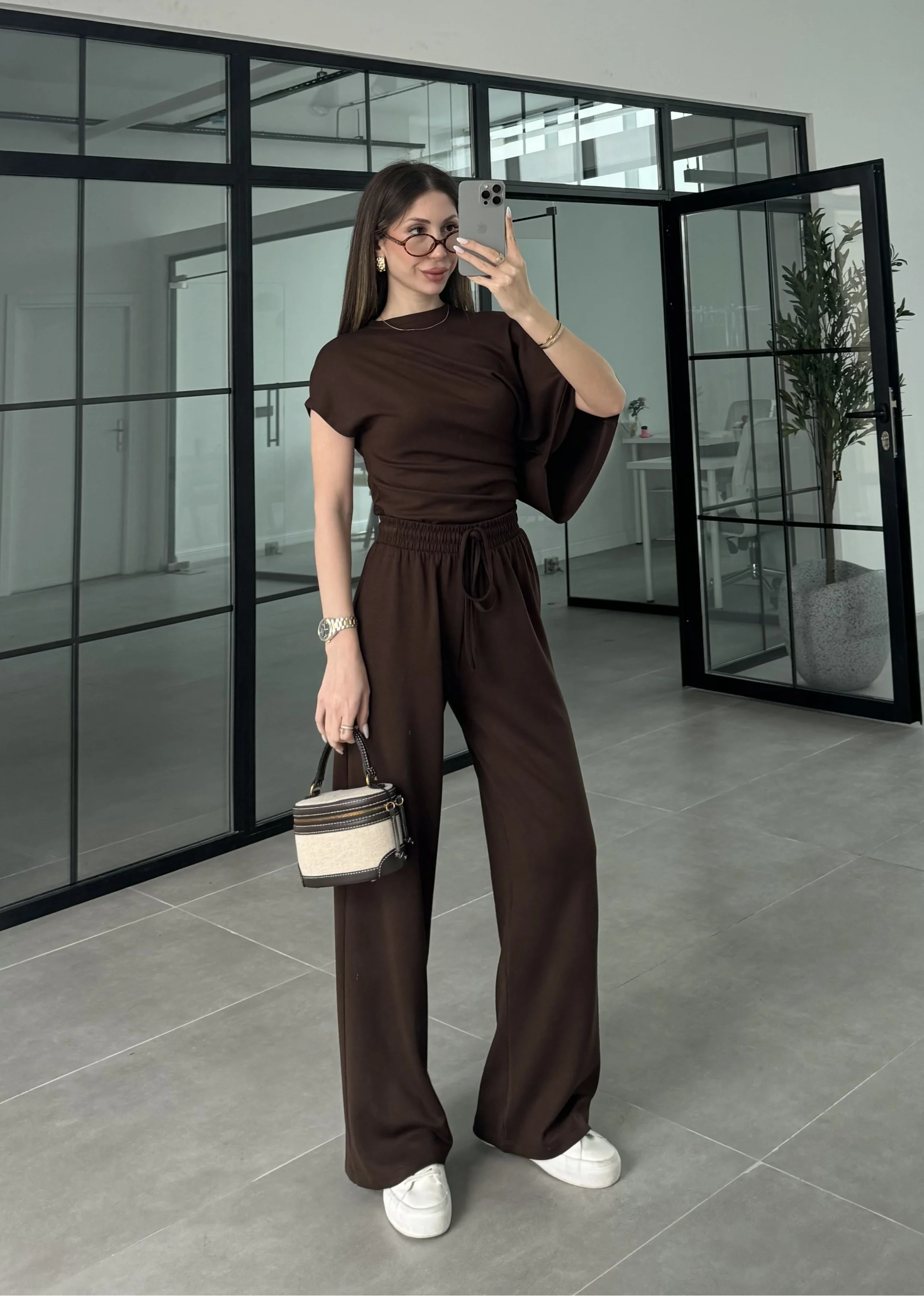 Zr Model Modal Kumaş Tek Kol Yarasa Kahve Büzgülü Takım
