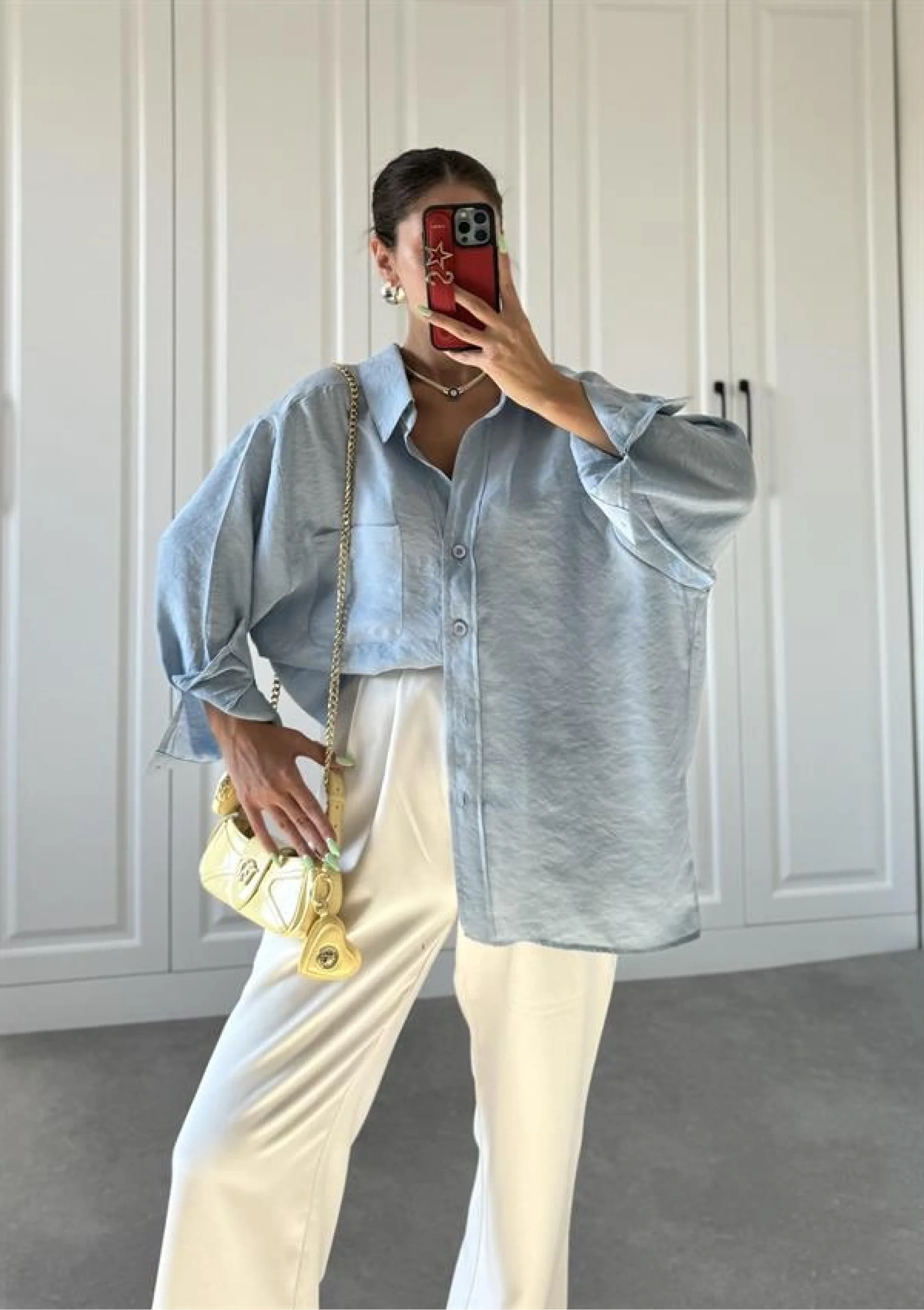 Açık Mavi Oversize Tensel Gömlek