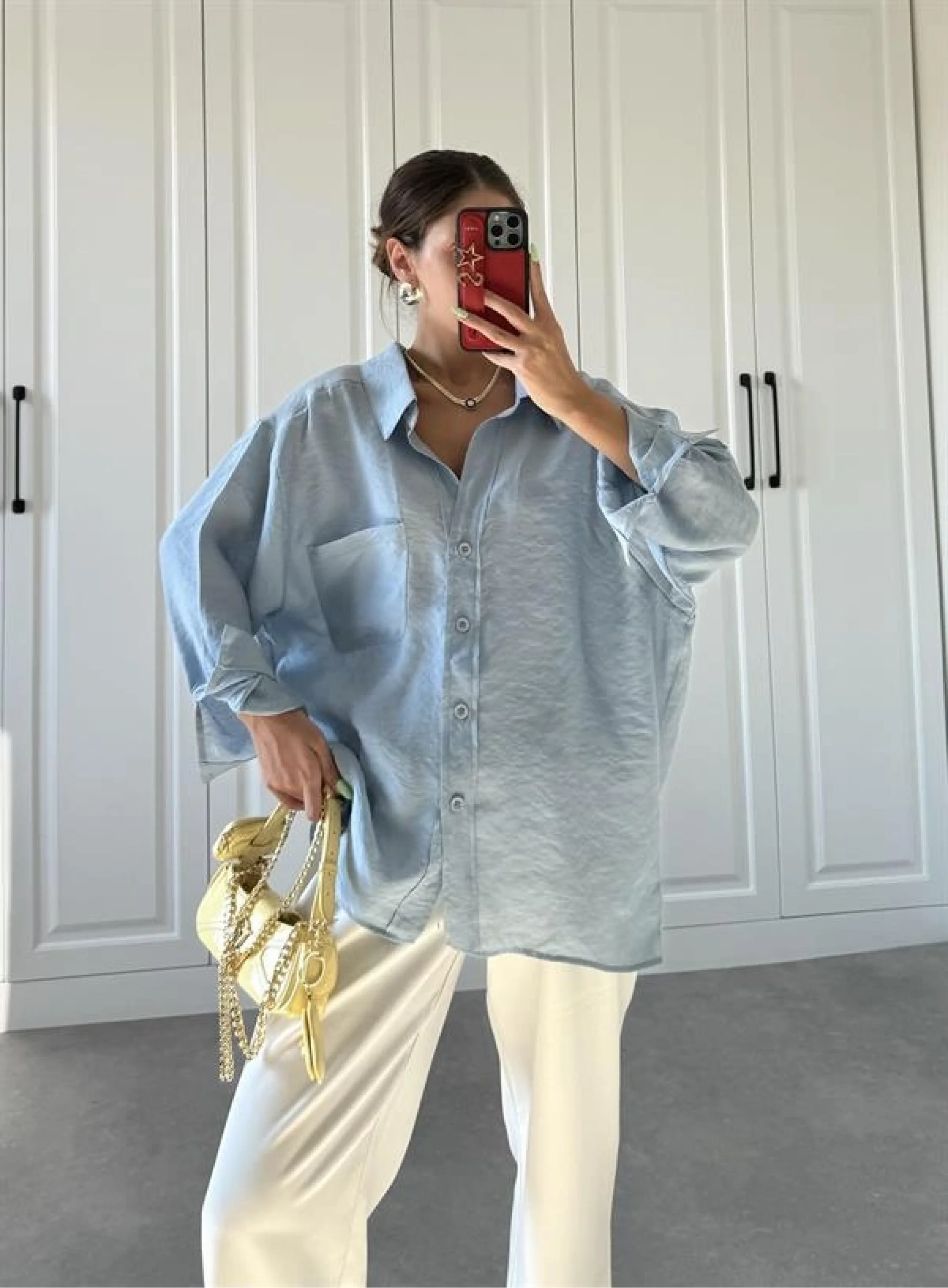 Açık Mavi Oversize Tensel Gömlek