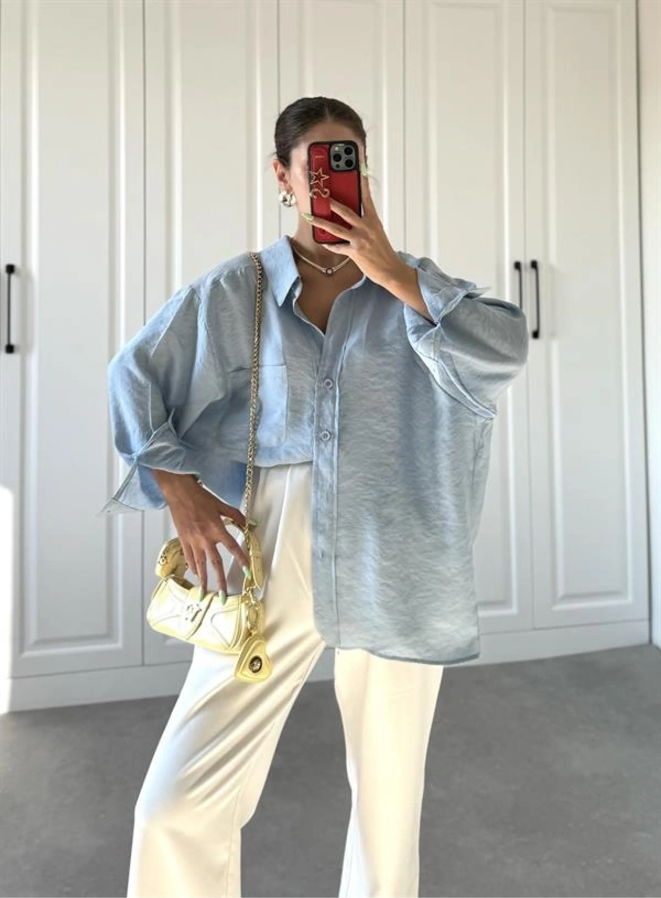 Açık Mavi Oversize Tensel Gömlek