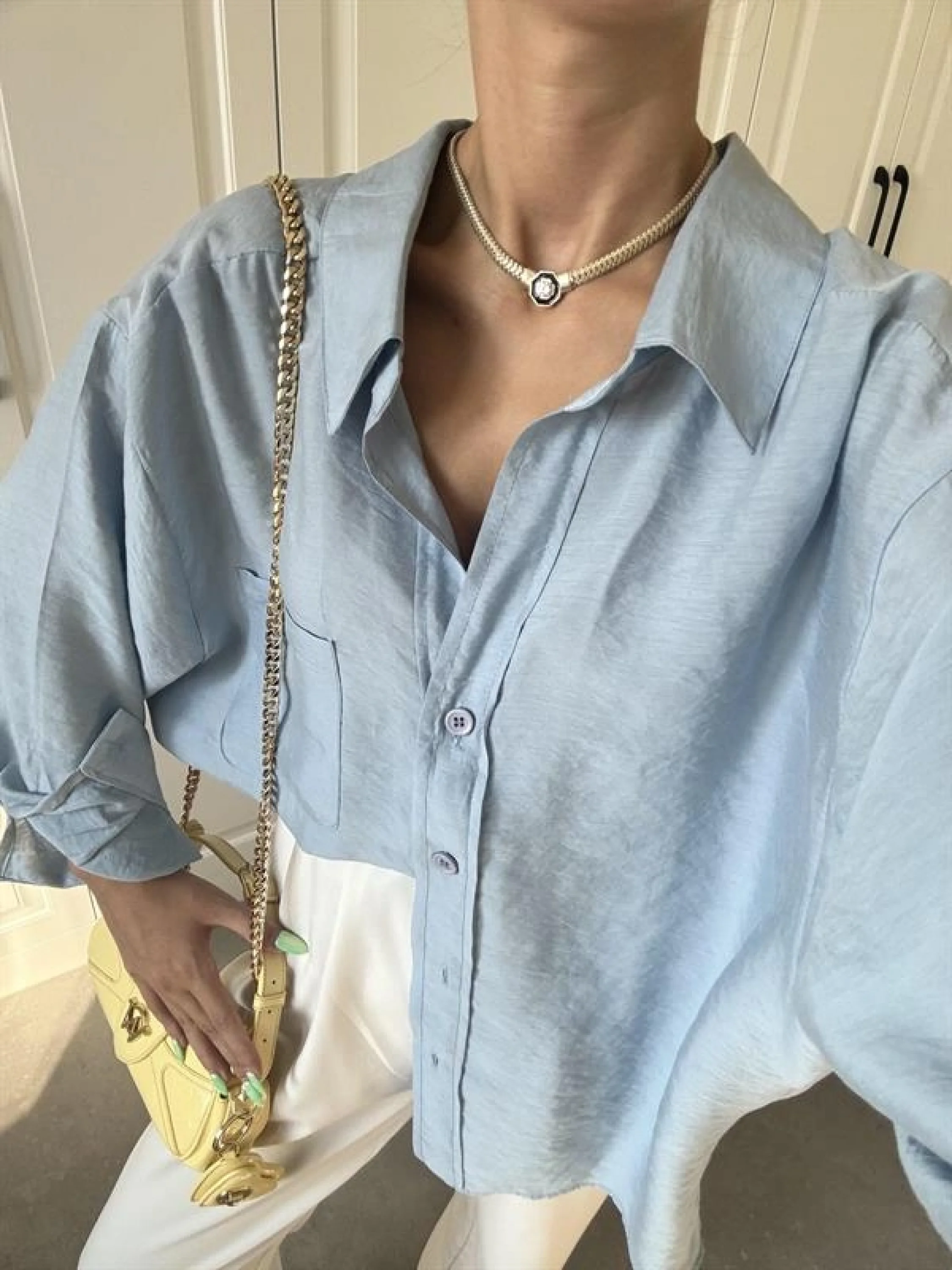 Açık Mavi Oversize Tensel Gömlek