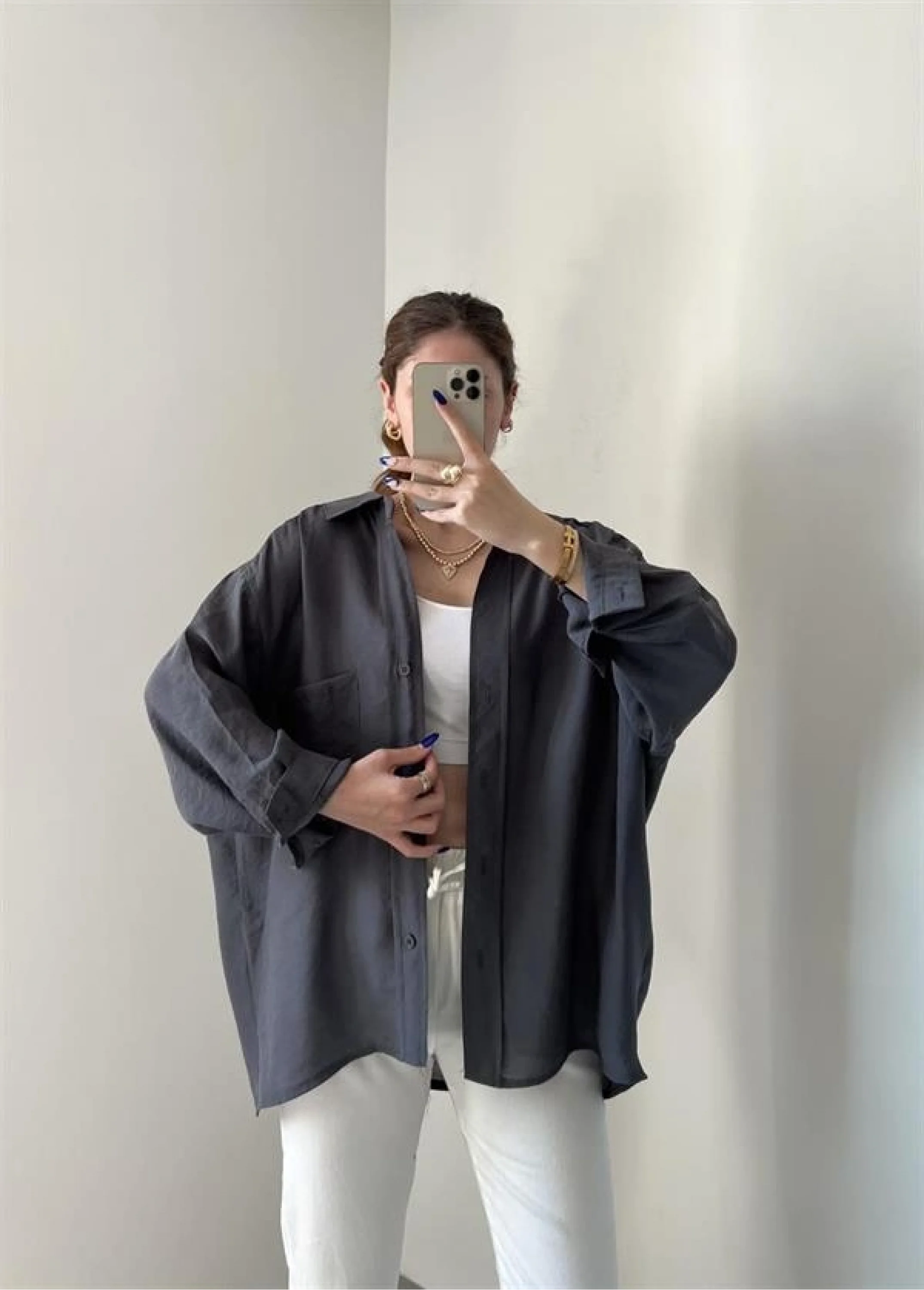 Antrasit Oversize Tensel Gömlek