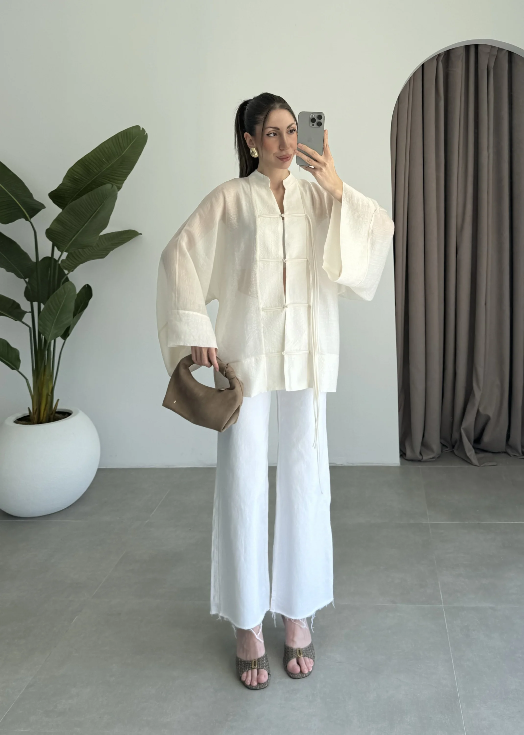 Çin Düğmeli Ekru Gömlek Kimono