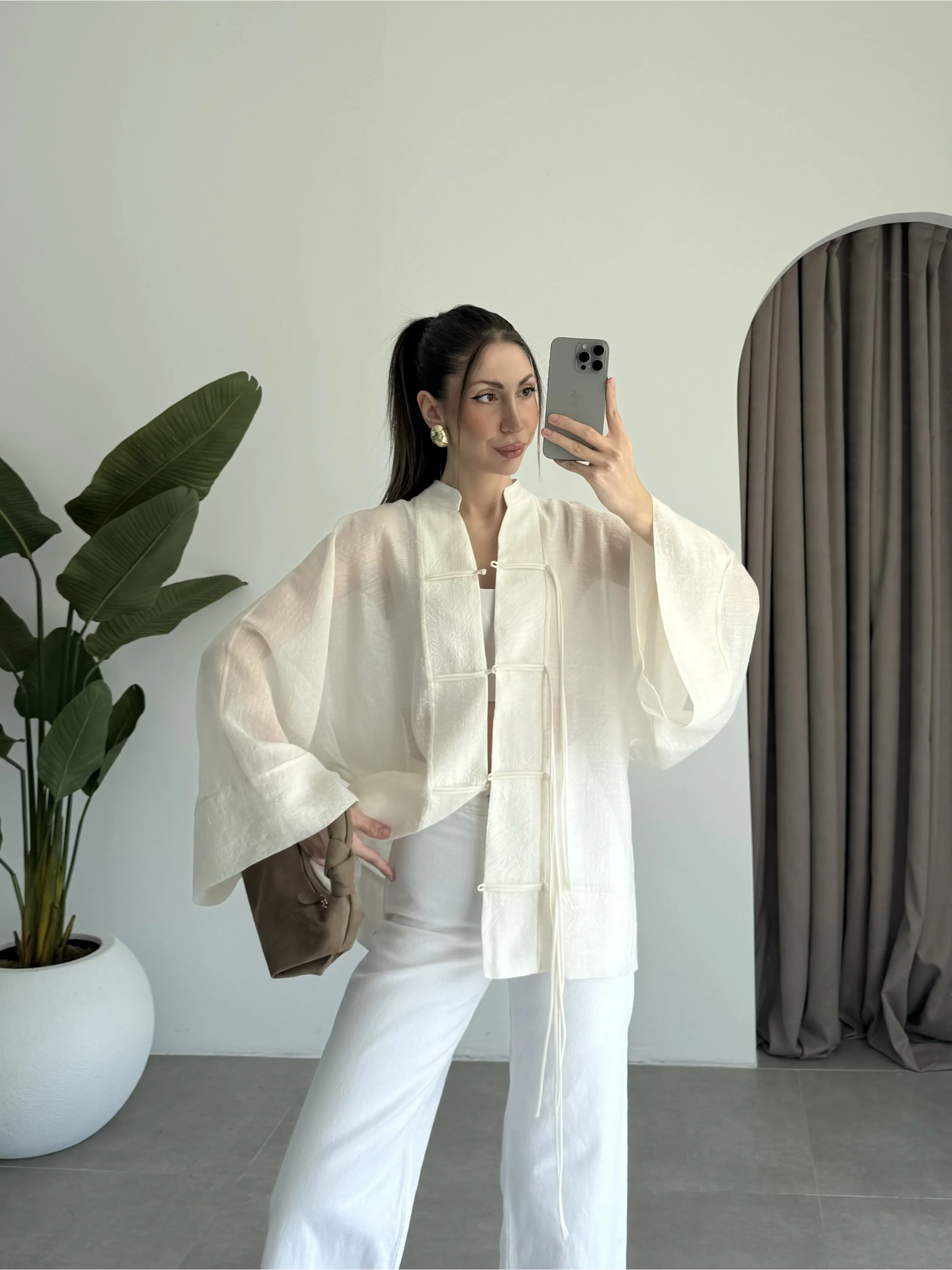 Çin Düğmeli Ekru Gömlek Kimono
