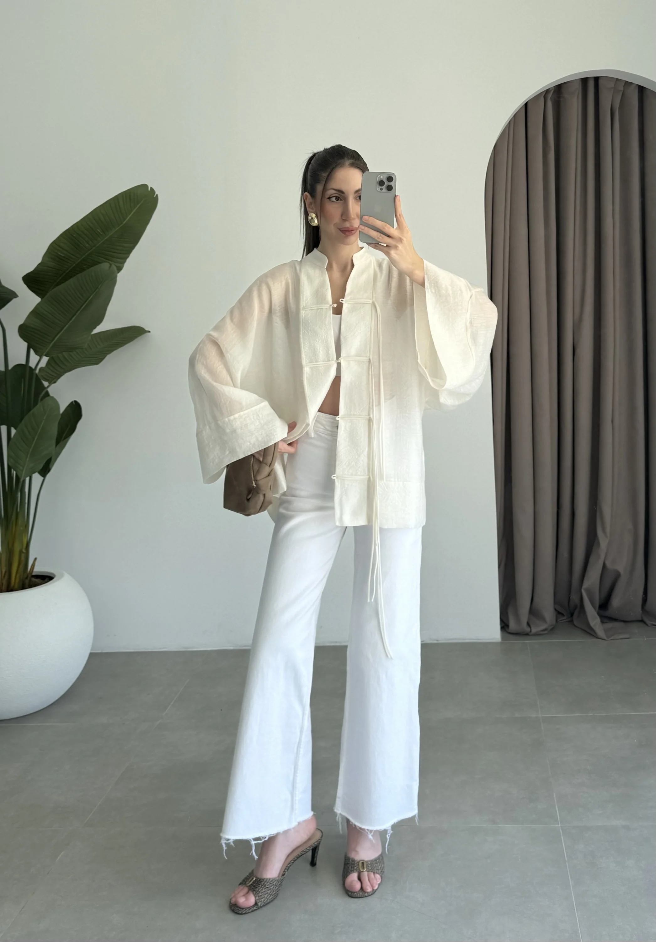 Çin Düğmeli Ekru Gömlek Kimono