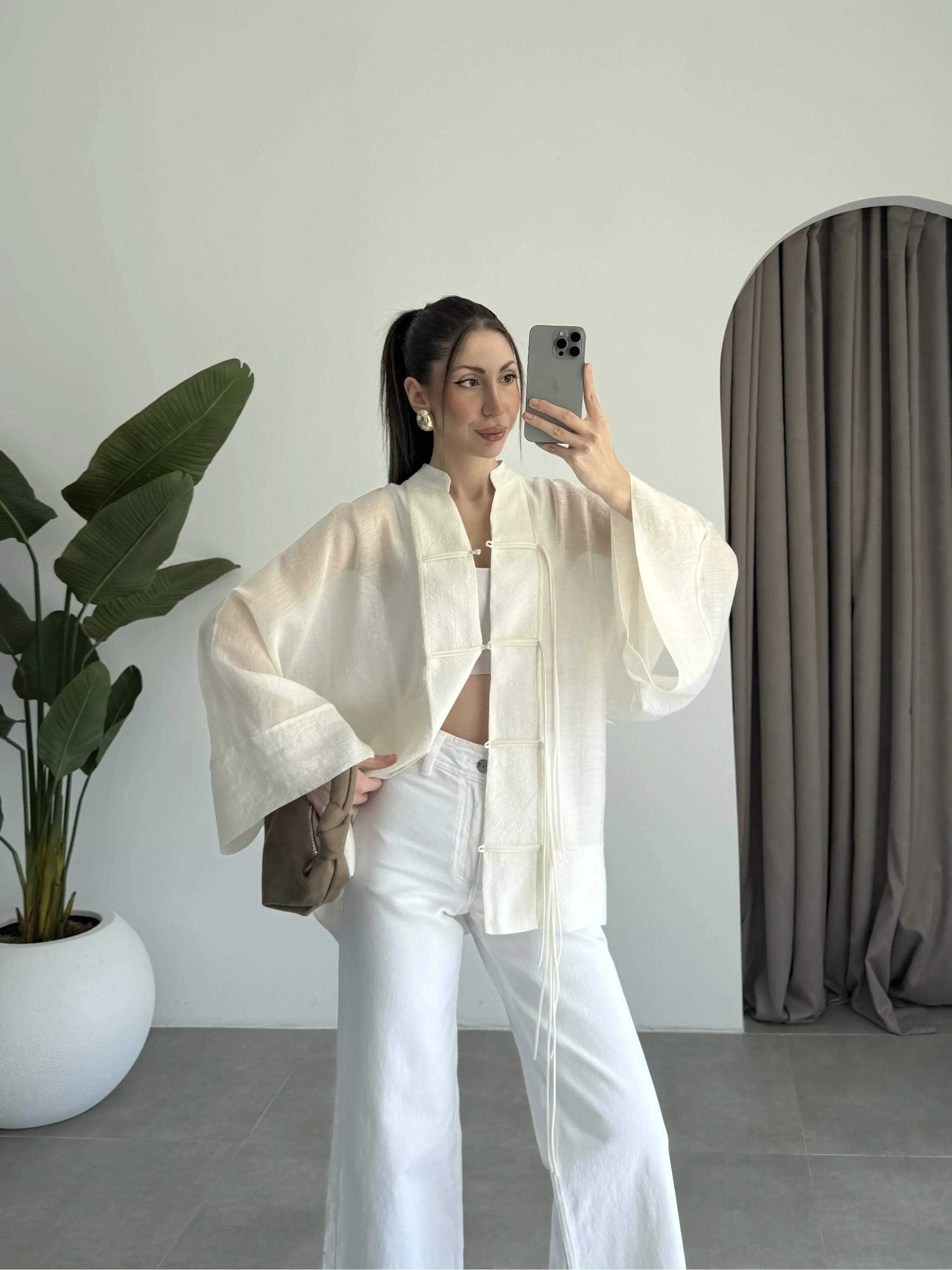 Çin Düğmeli Ekru Gömlek Kimono