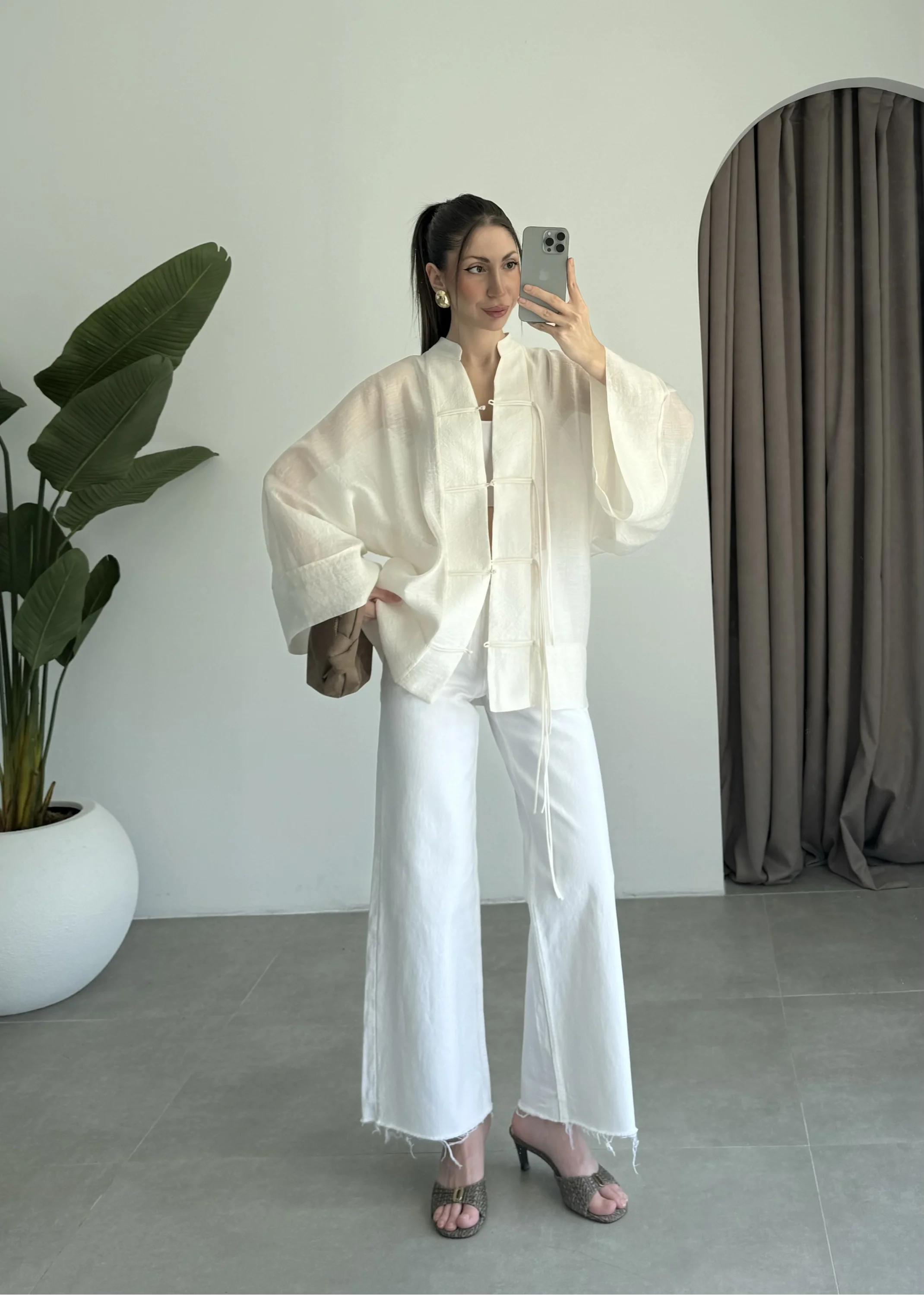 Çin Düğmeli Ekru Gömlek Kimono