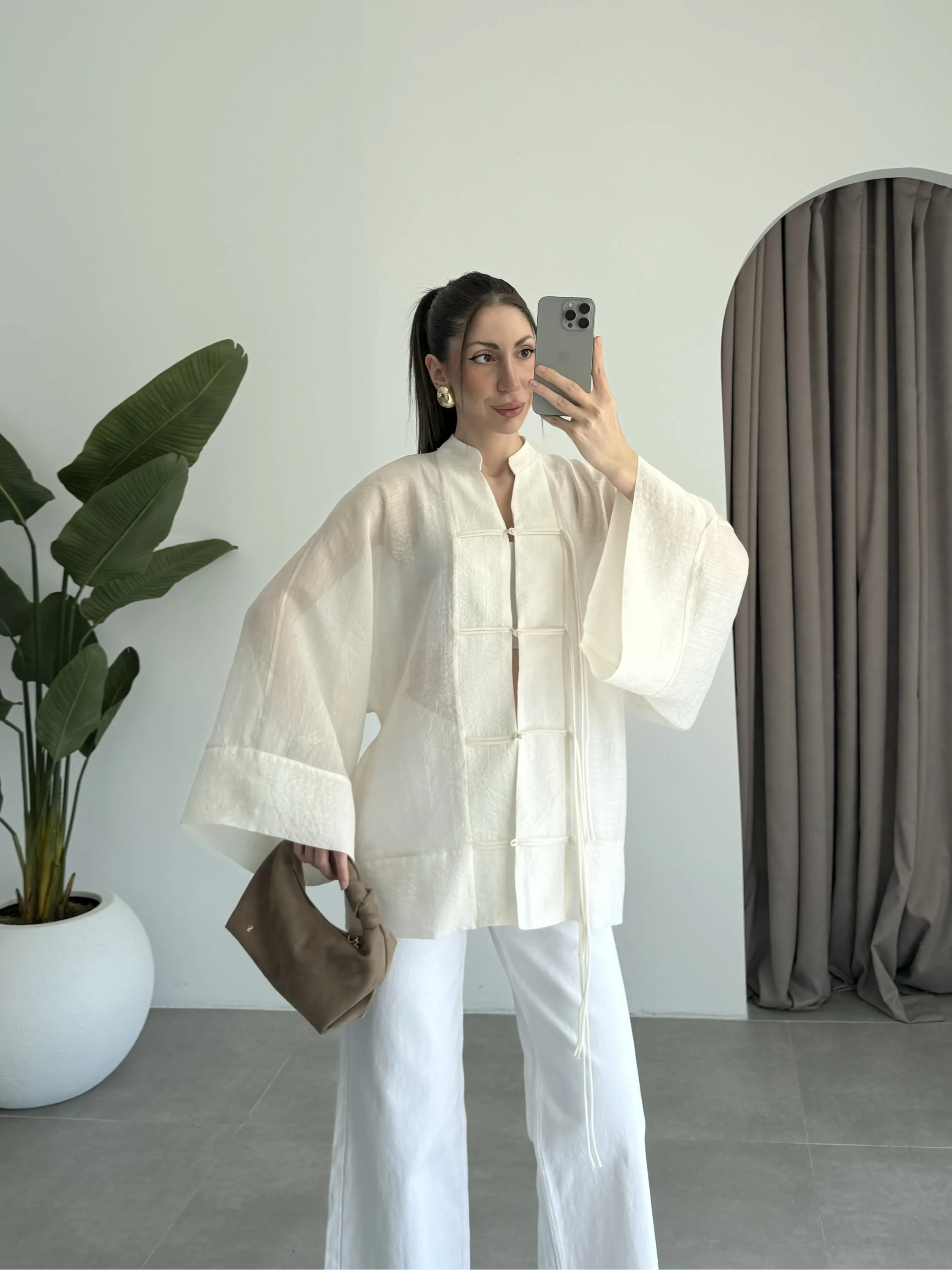 Çin Düğmeli Ekru Gömlek Kimono