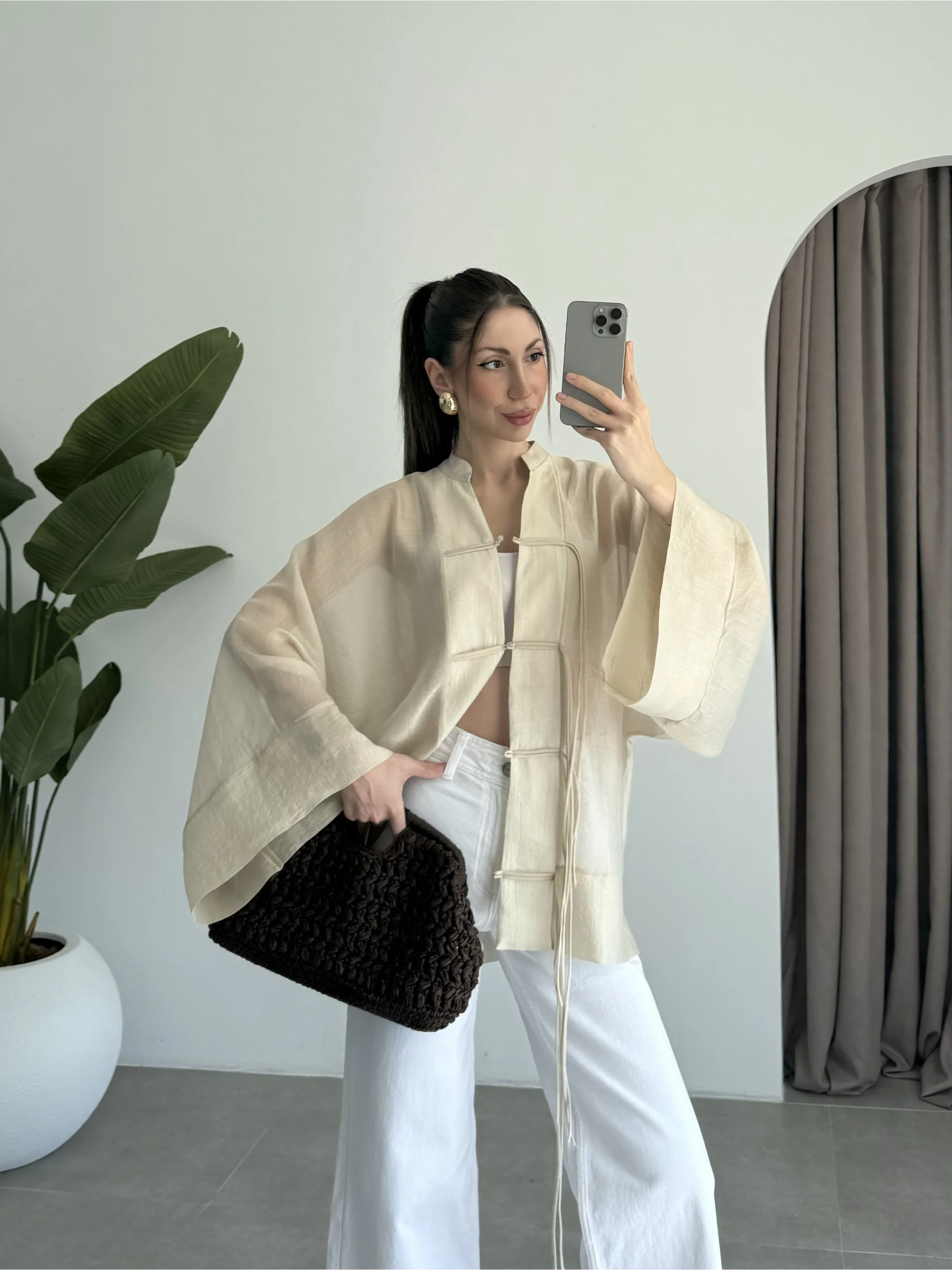 Çin Düğmeli Taş Gömlek Kimono