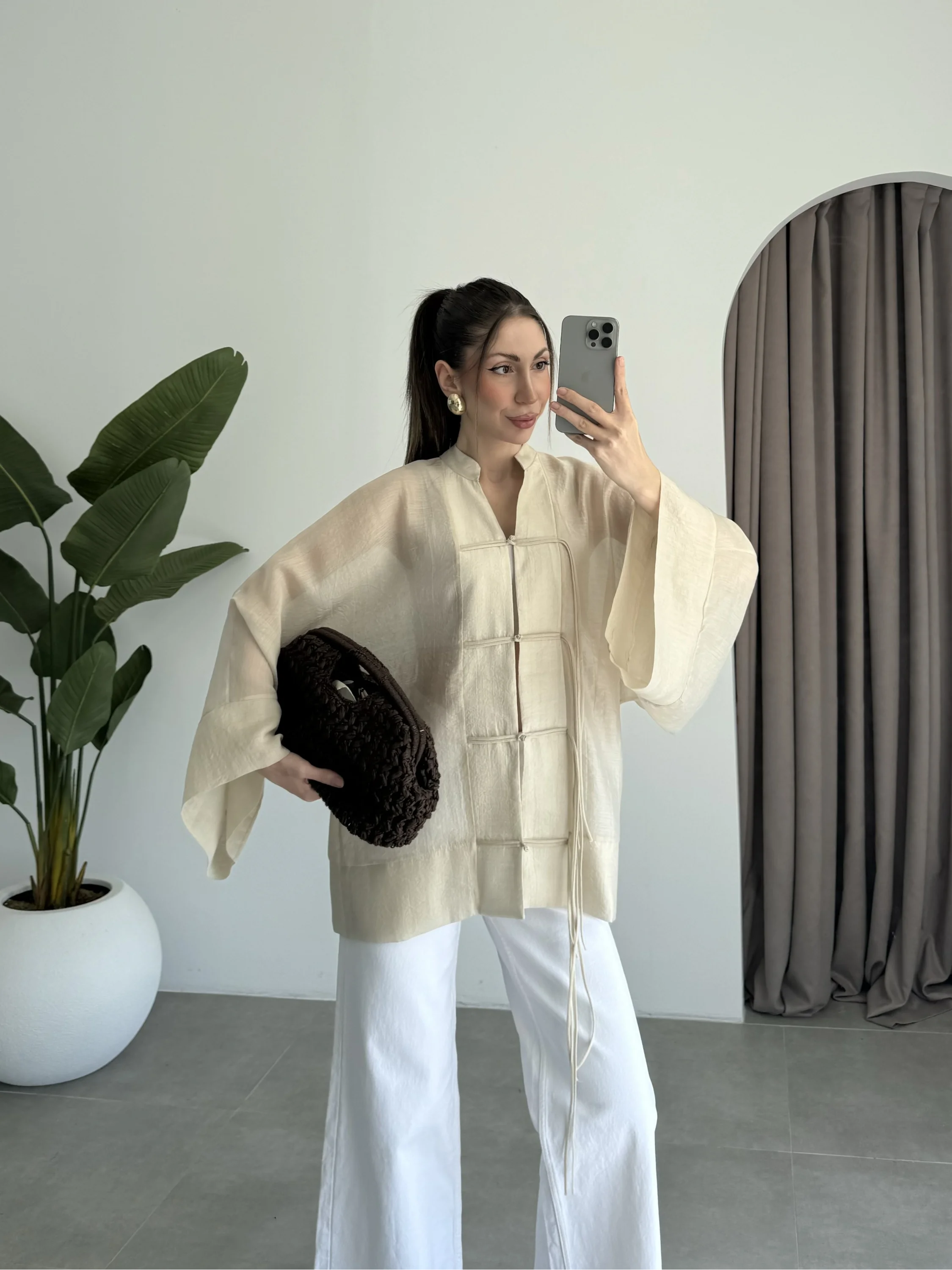 Çin Düğmeli Taş Gömlek Kimono