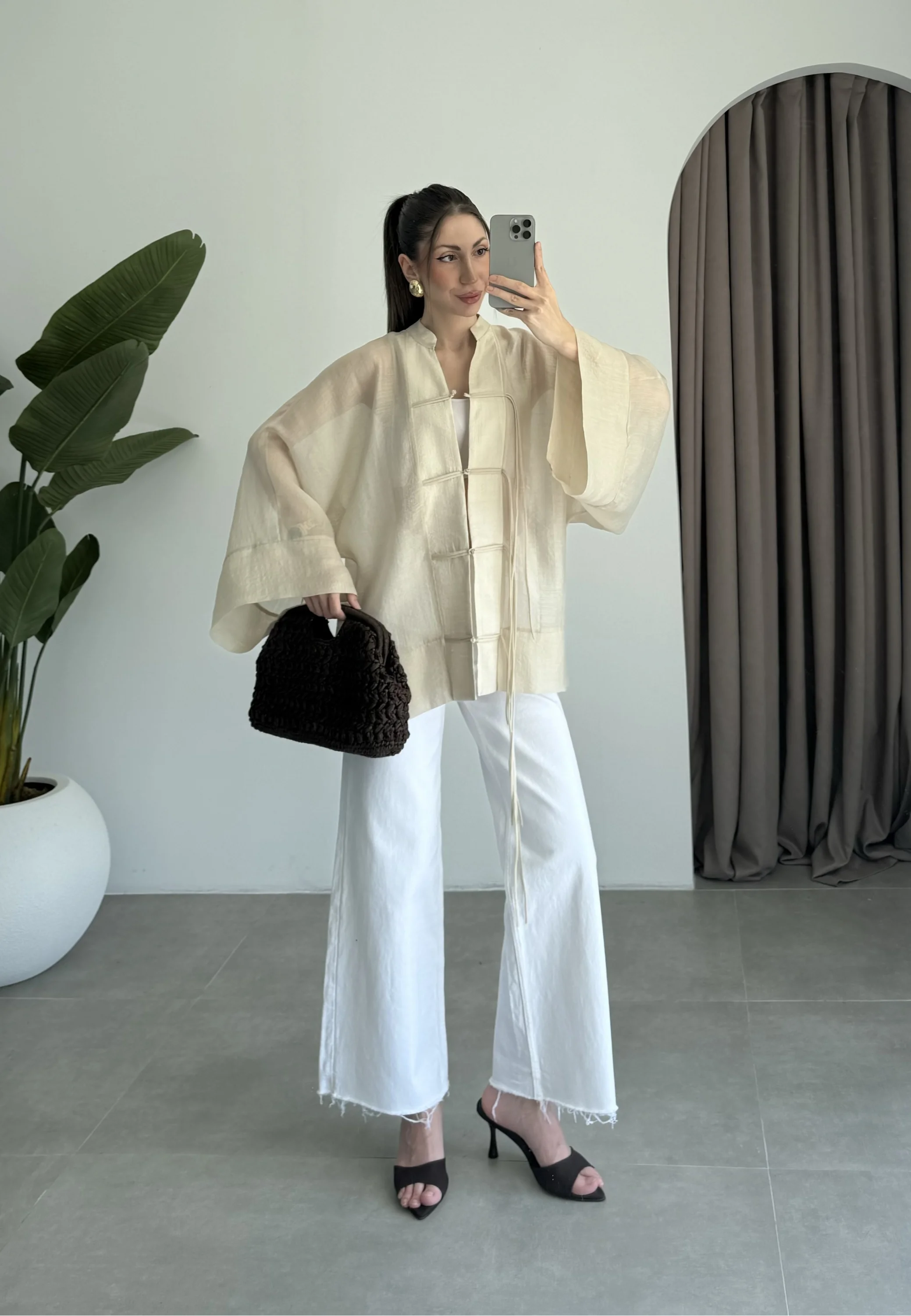 Çin Düğmeli Taş Gömlek Kimono