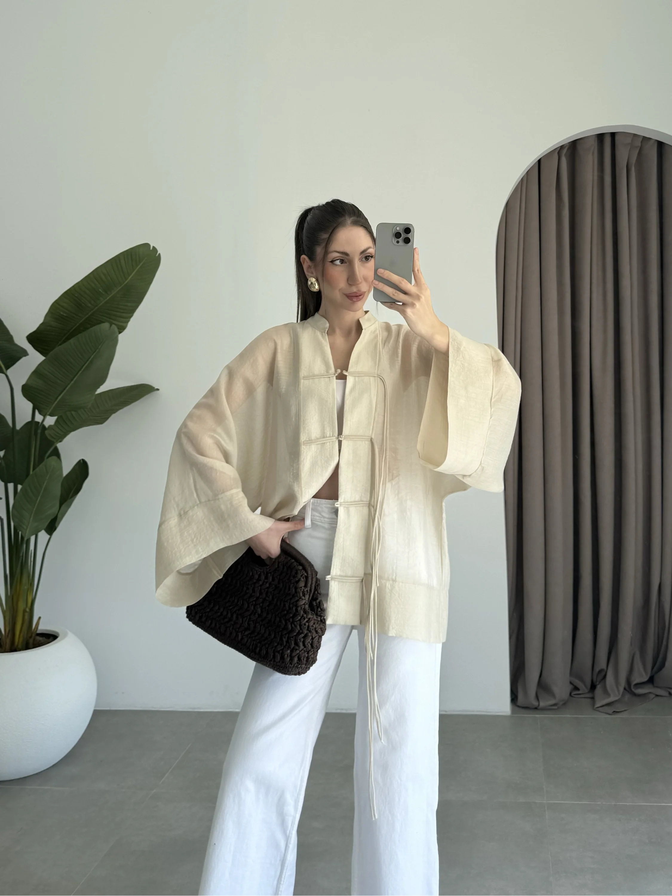 Çin Düğmeli Taş Gömlek Kimono