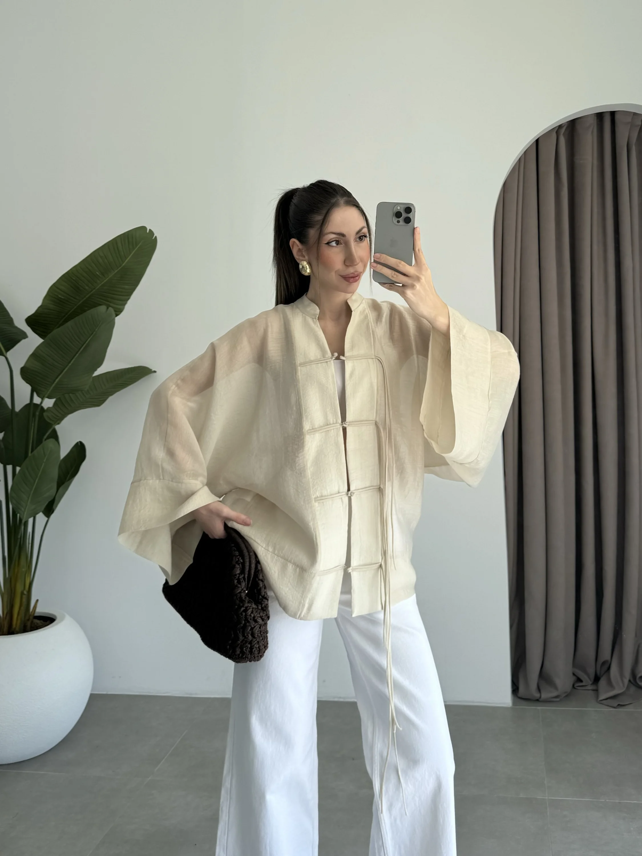 Çin Düğmeli Taş Gömlek Kimono