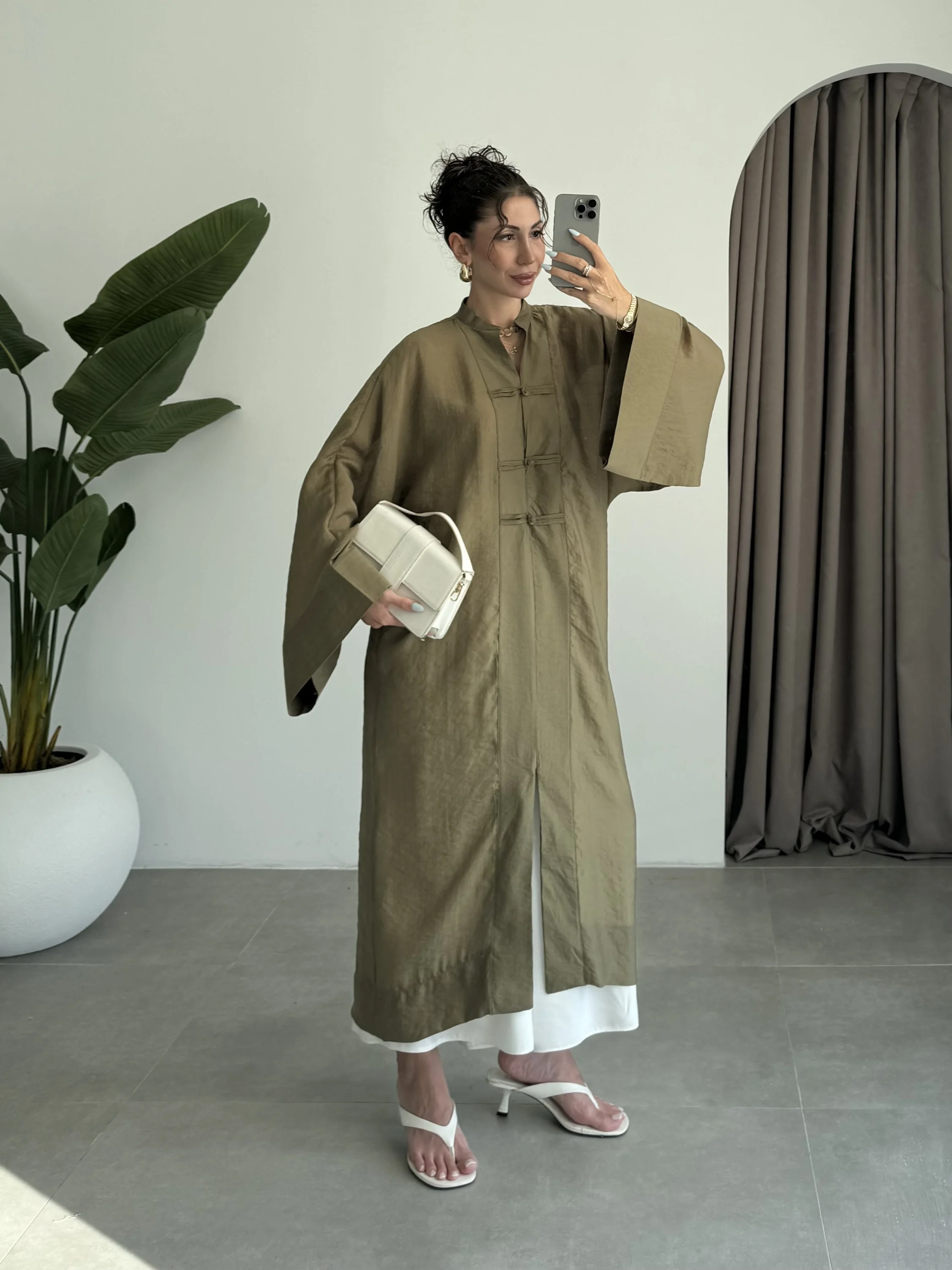 Çin Düğmeli Tensel Maxi Boy Haki Kimono