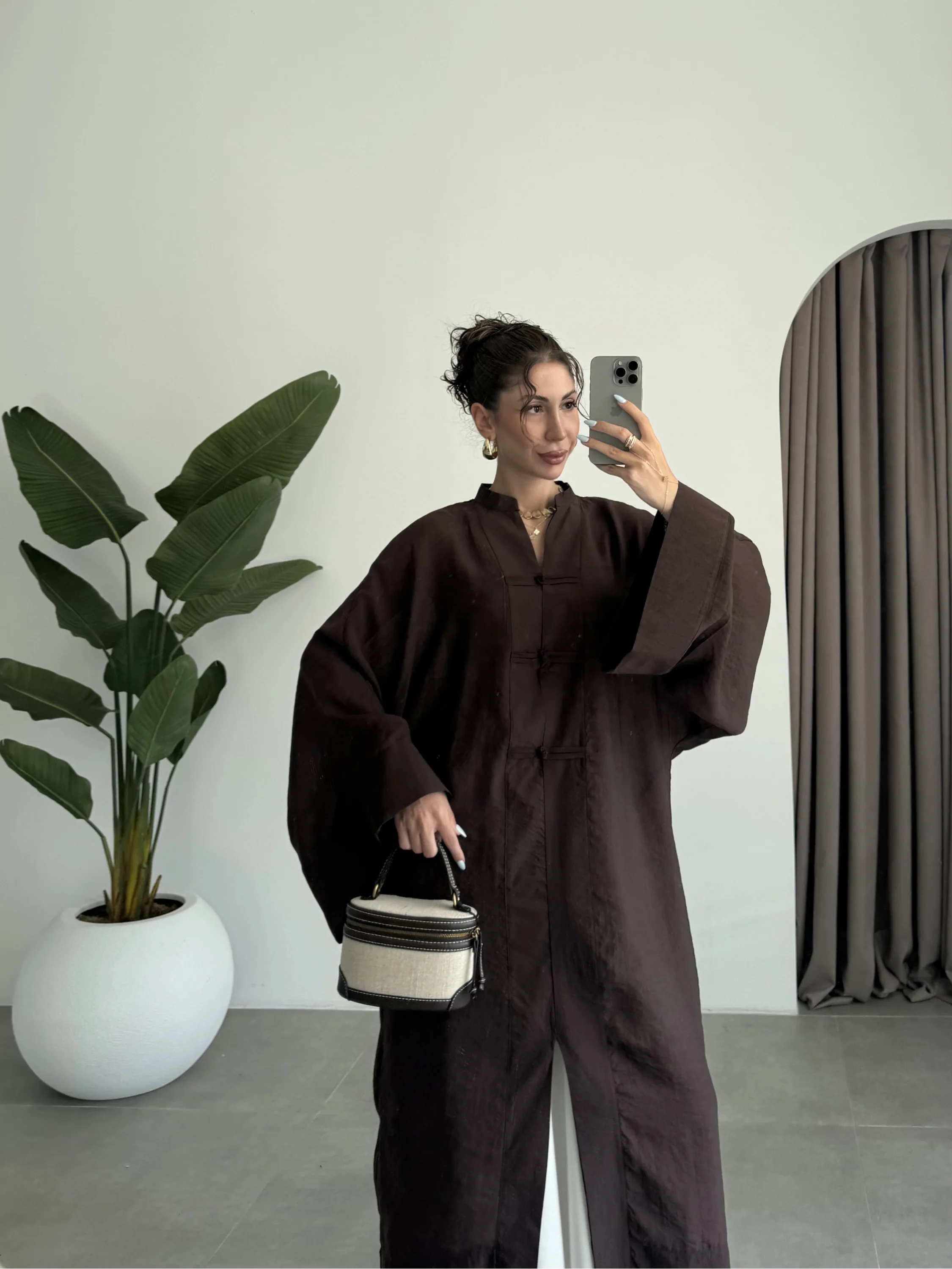 Çin Düğmeli Tensel Maxi Boy Kahve Kimono