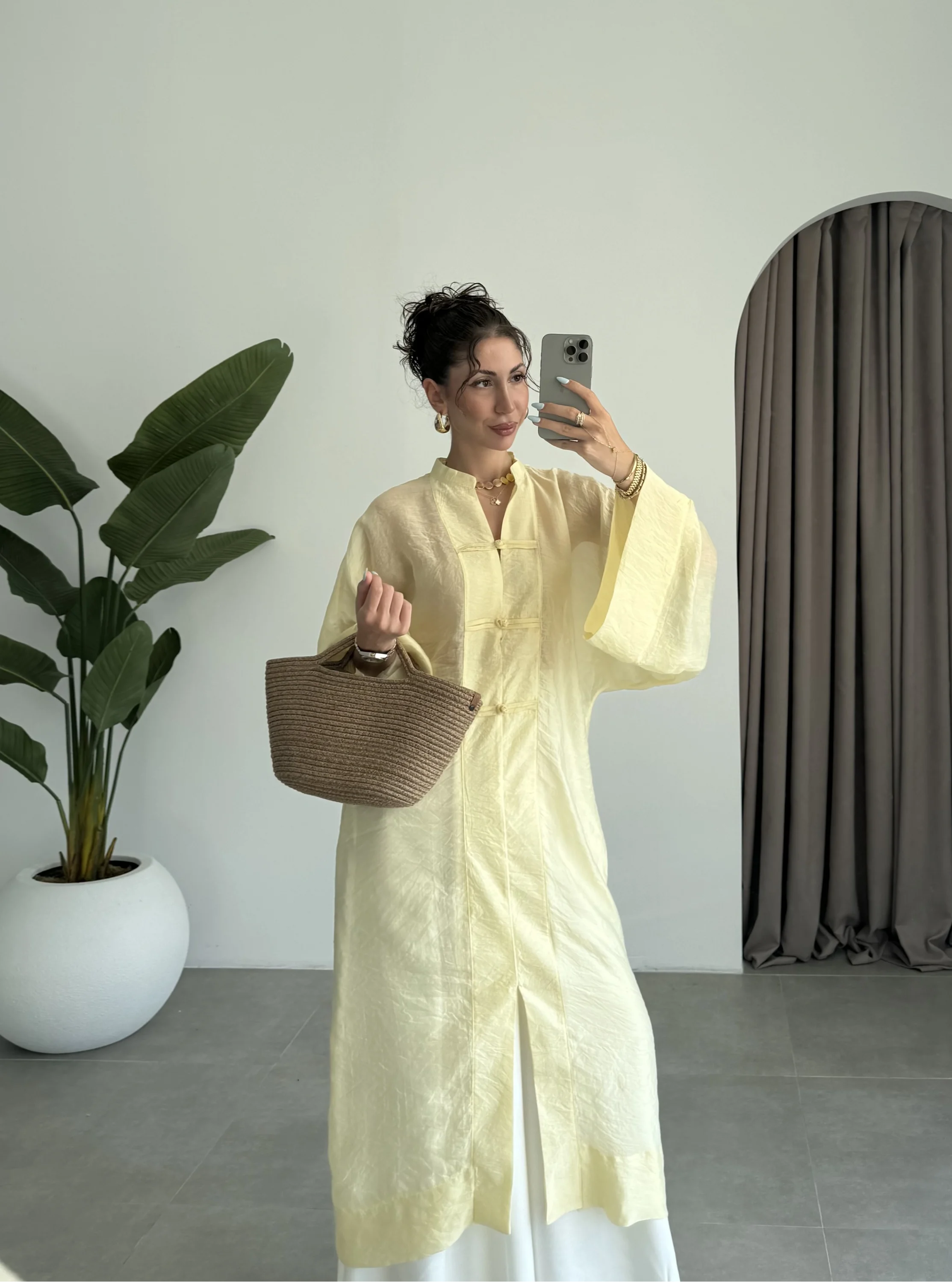Çin Düğmeli Tensel Maxi Boy Sarı Kimono