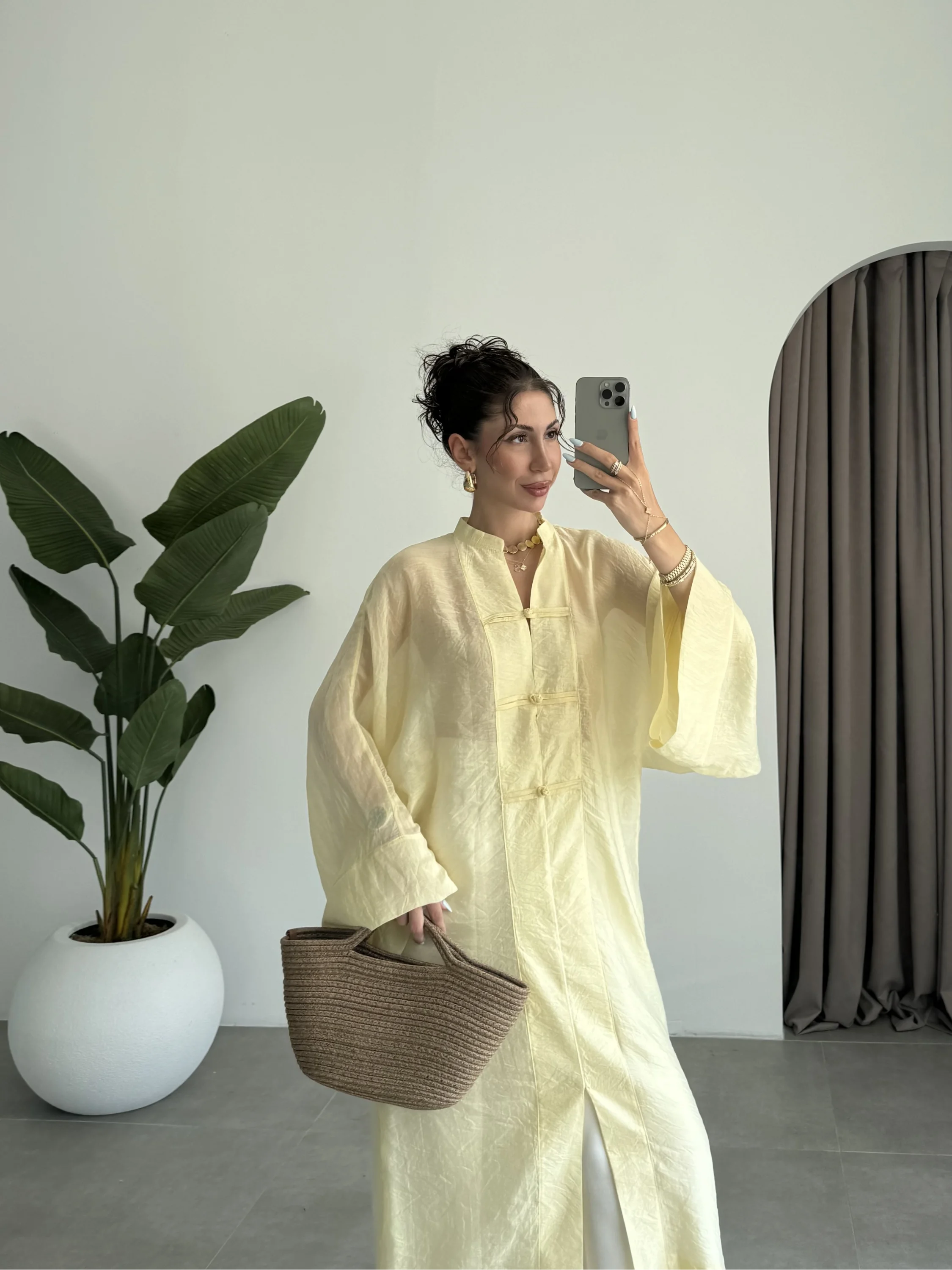 Çin Düğmeli Tensel Maxi Boy Sarı Kimono
