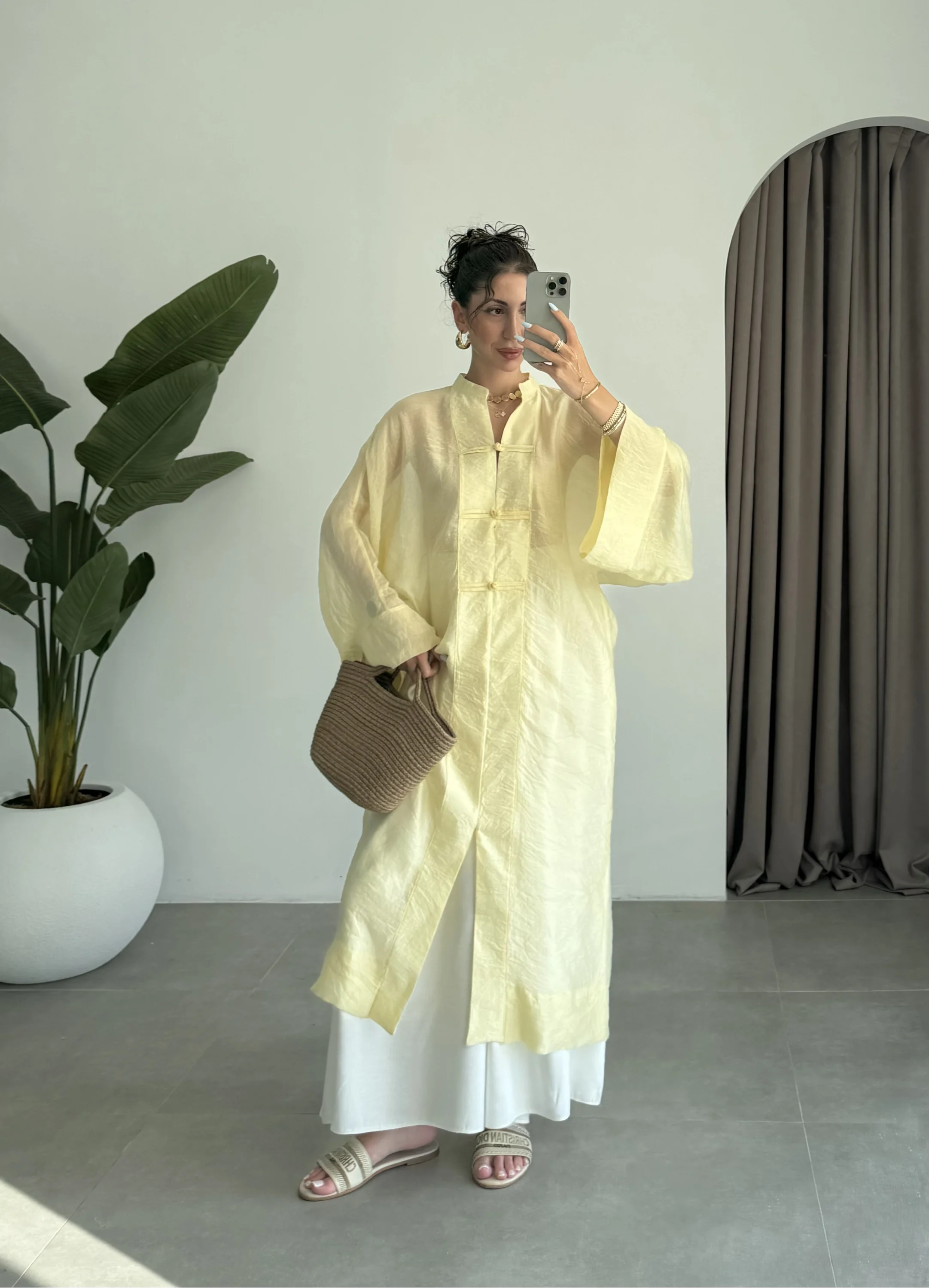 Çin Düğmeli Tensel Maxi Boy Sarı Kimono