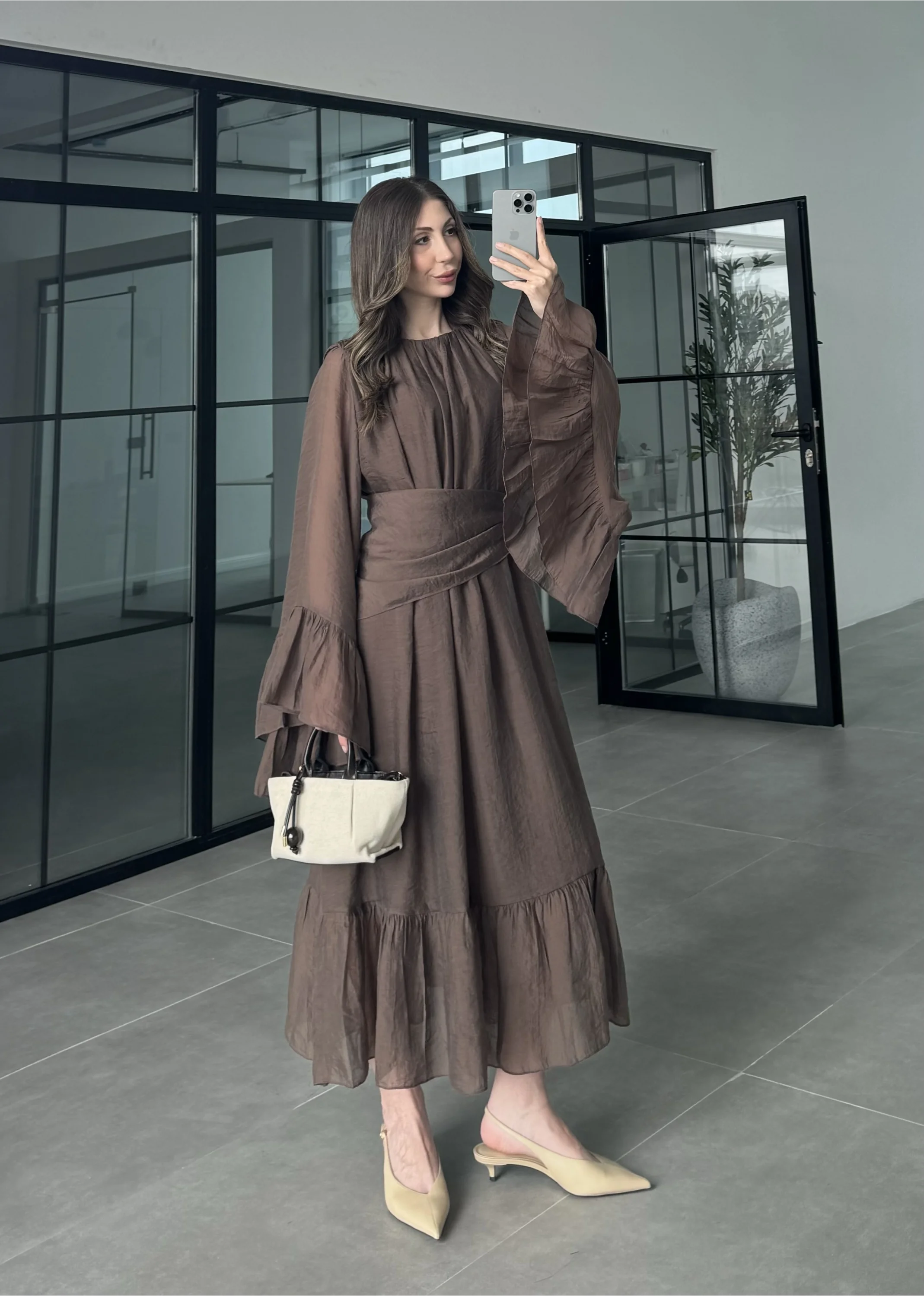 Diva Şallı Büzgülü Kahve Elbise