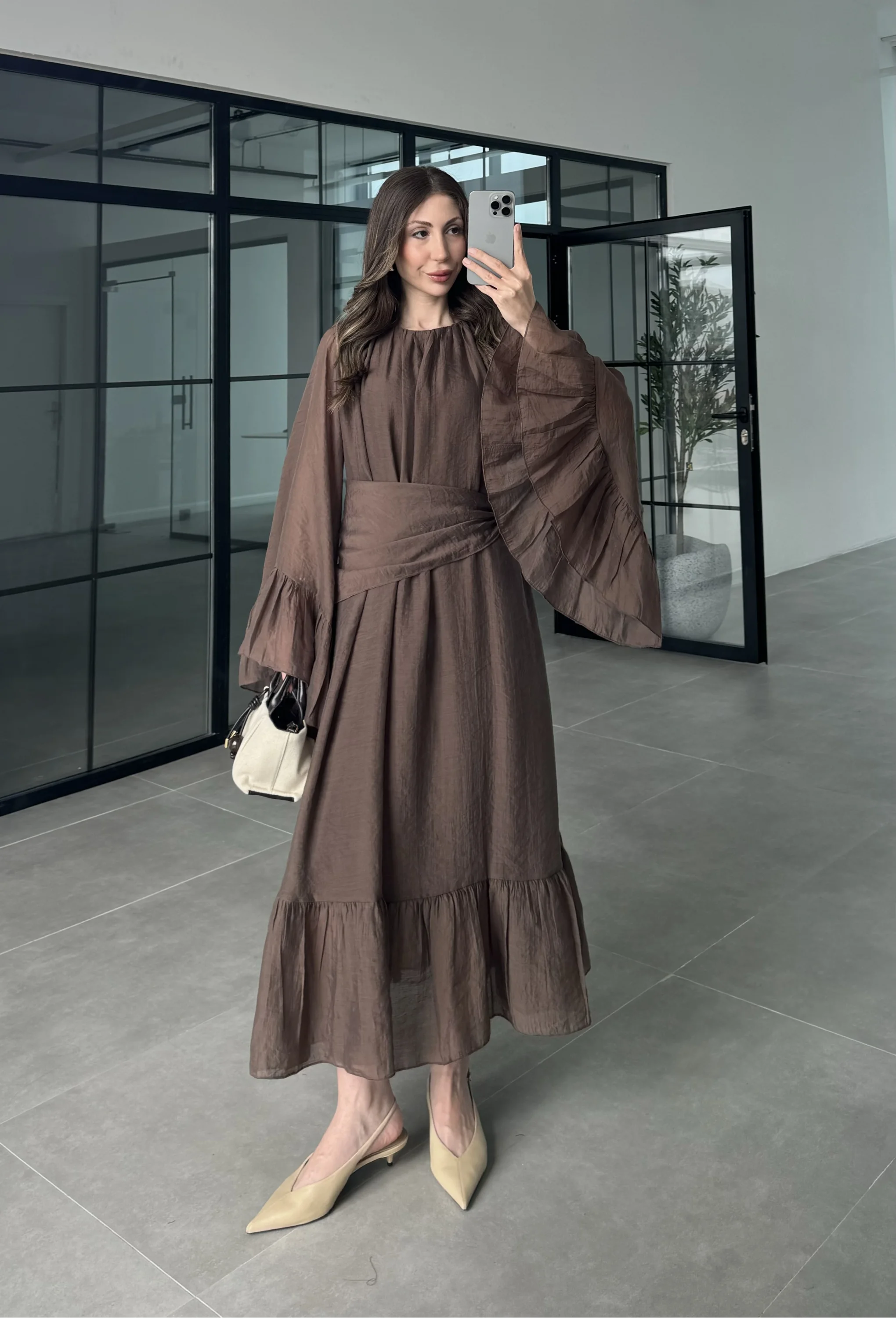 Diva Şallı Büzgülü Kahve Elbise