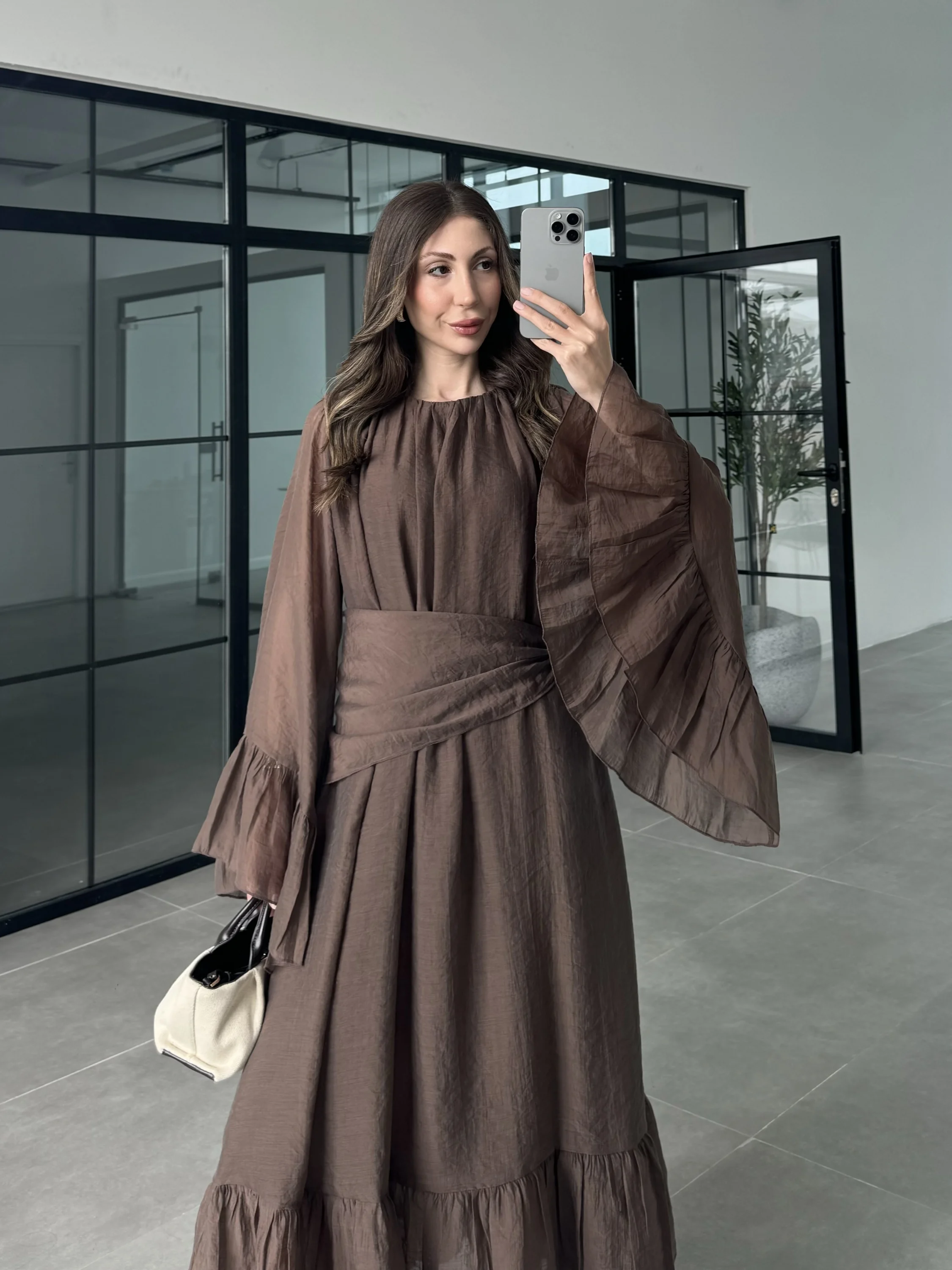 Diva Şallı Büzgülü Kahve Elbise