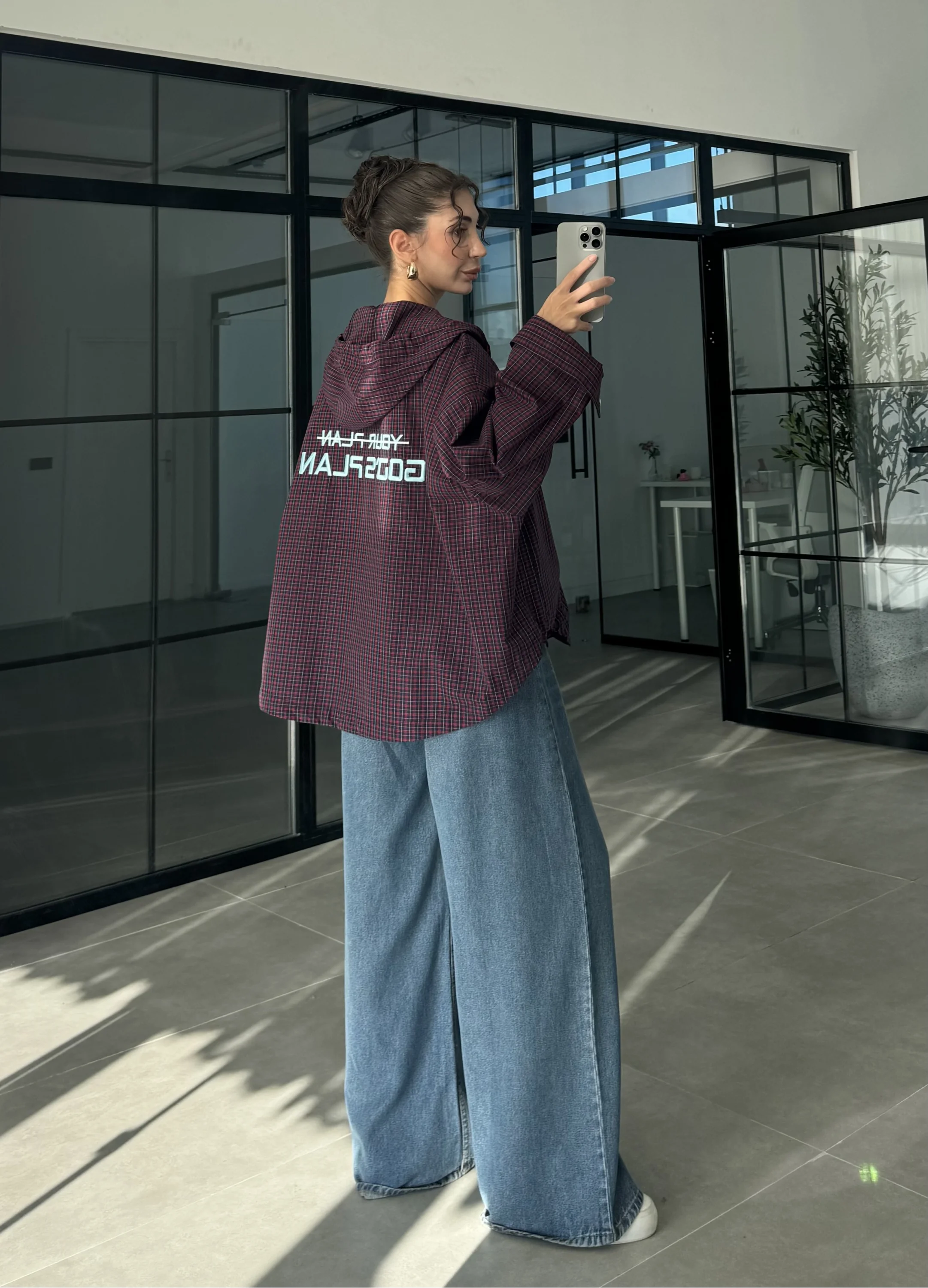 Ekose Bordo Sırtı Nakışlı Oversize Ceket