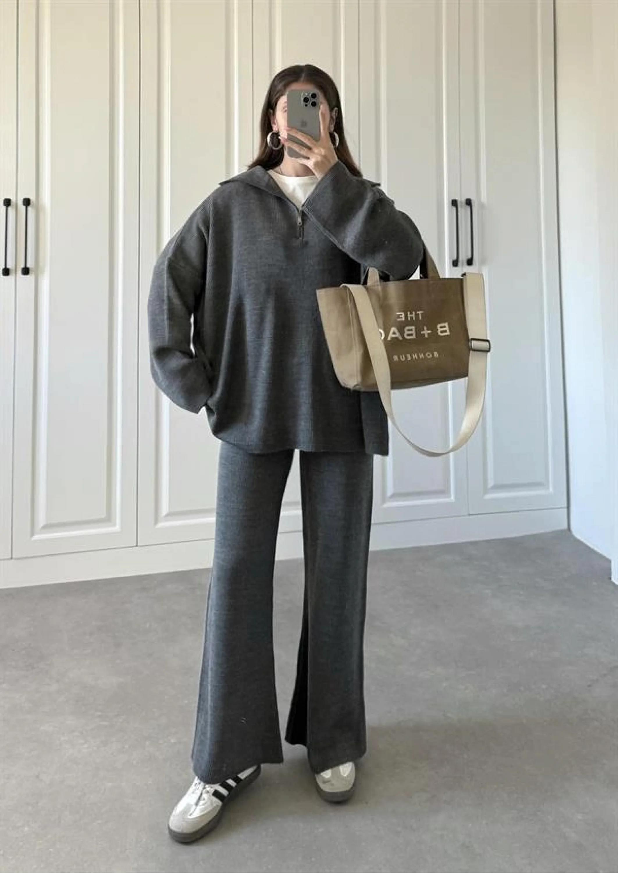 Fermuarlı Oversize Antrasit Triko Takım