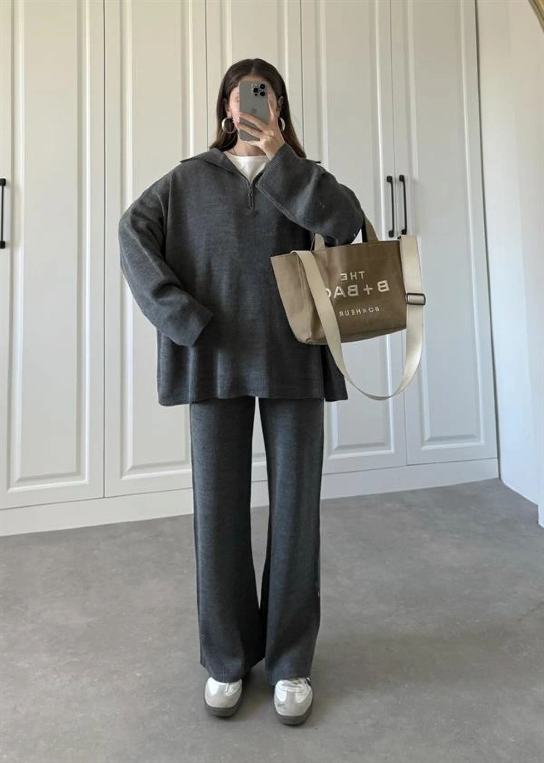 Fermuarlı Oversize Antrasit Triko Takım