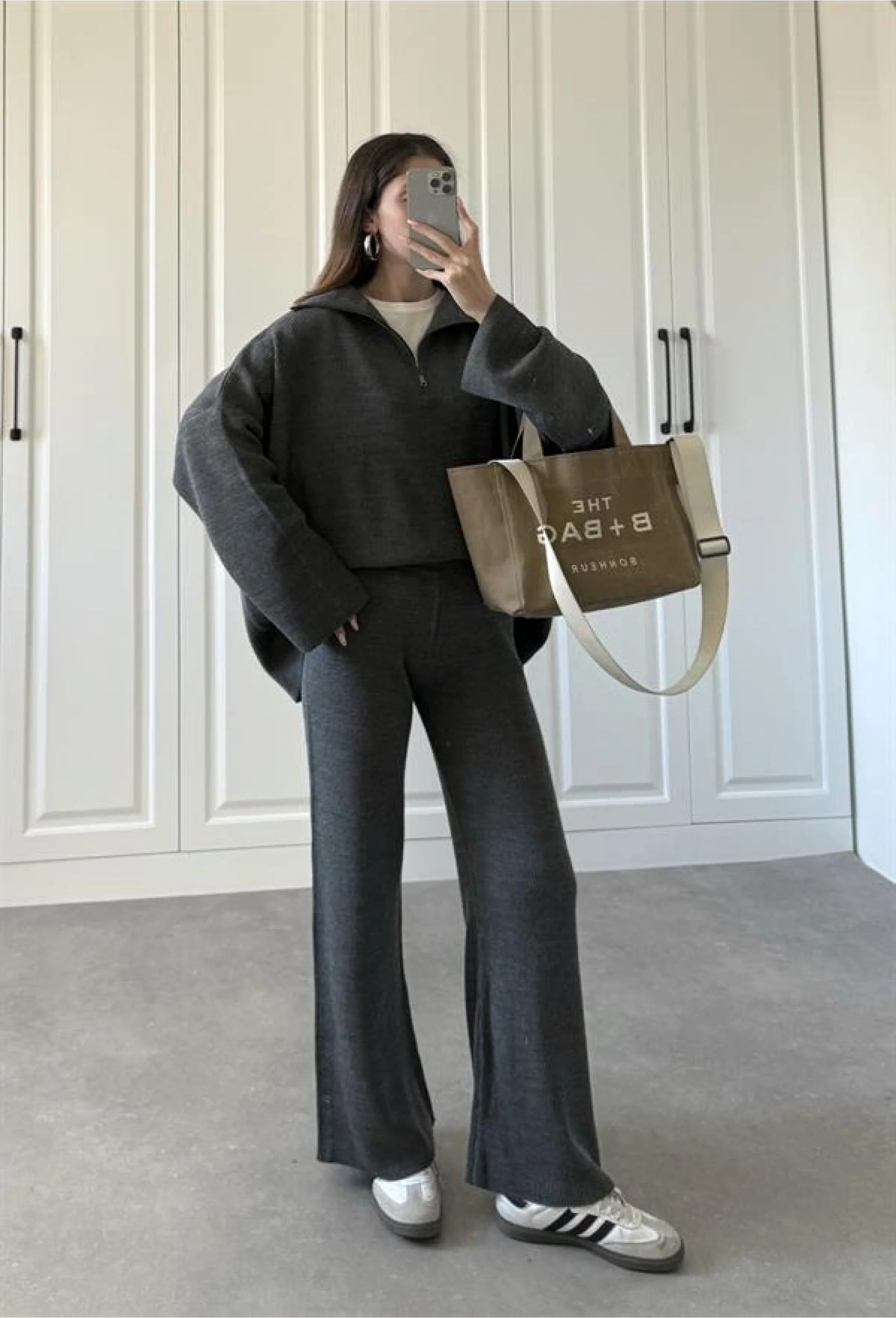 Fermuarlı Oversize Antrasit Triko Takım