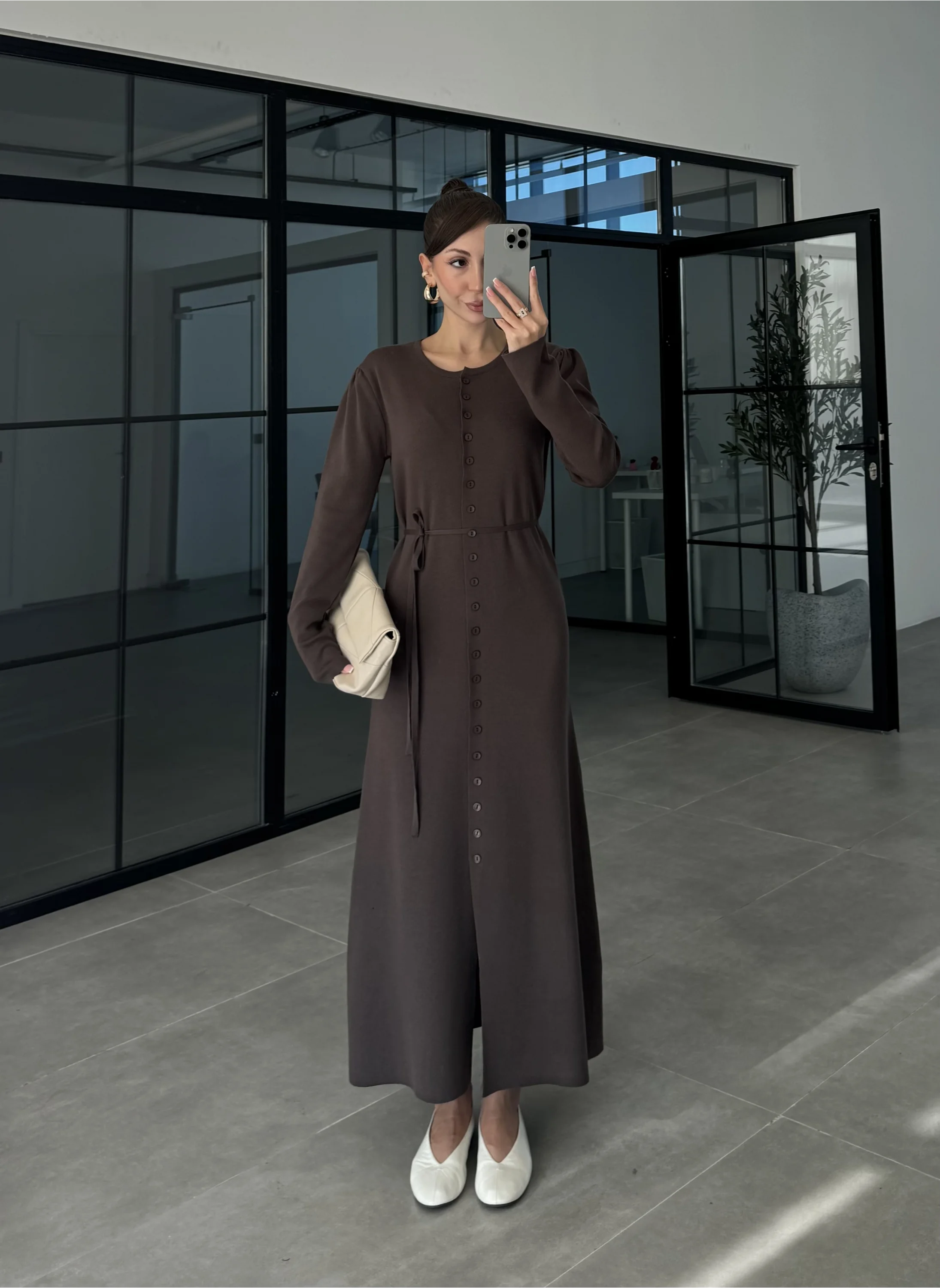 Gömlek Model Kuşaklı Kahve Triko Elbise