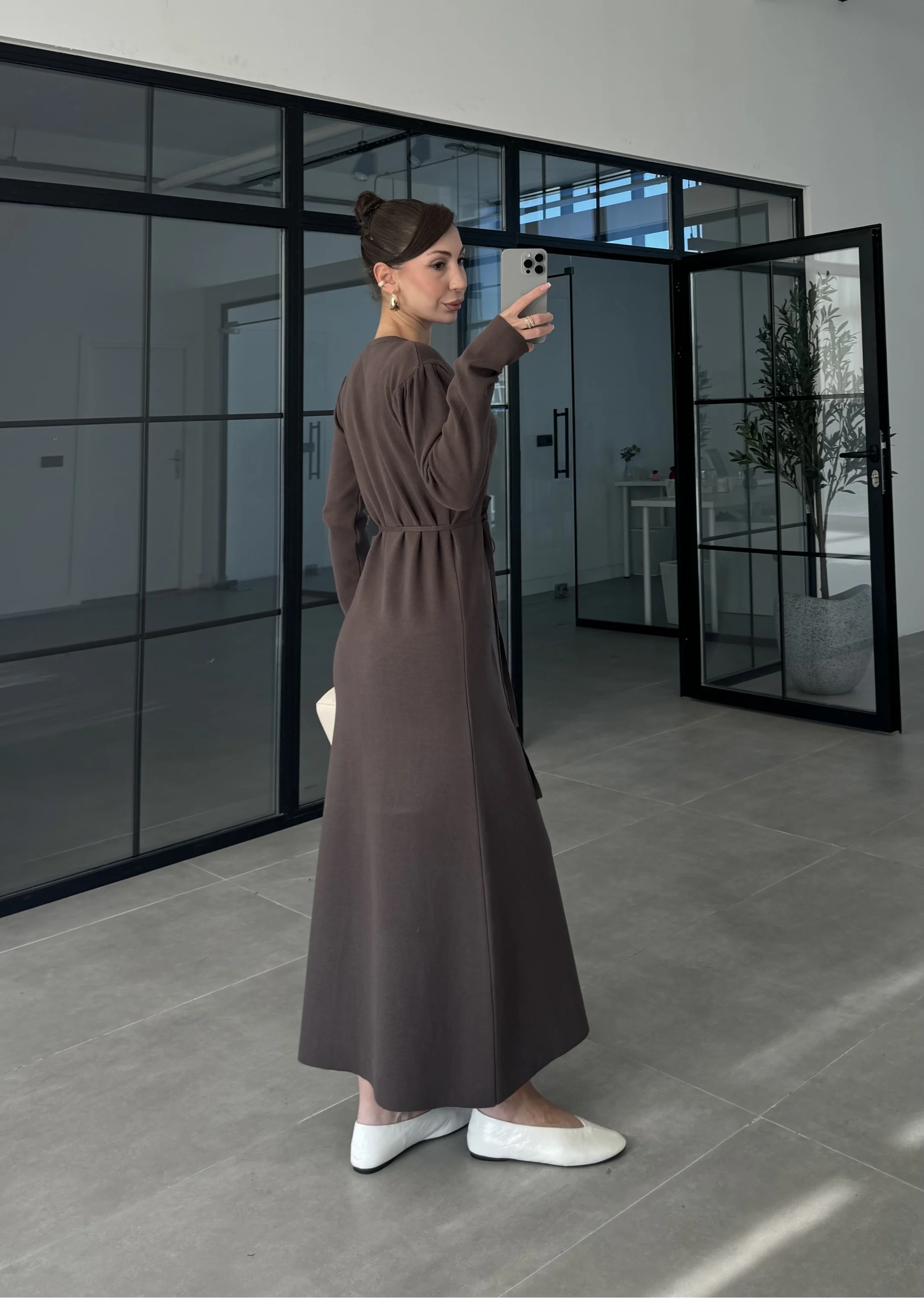 Gömlek Model Kuşaklı Kahve Triko Elbise