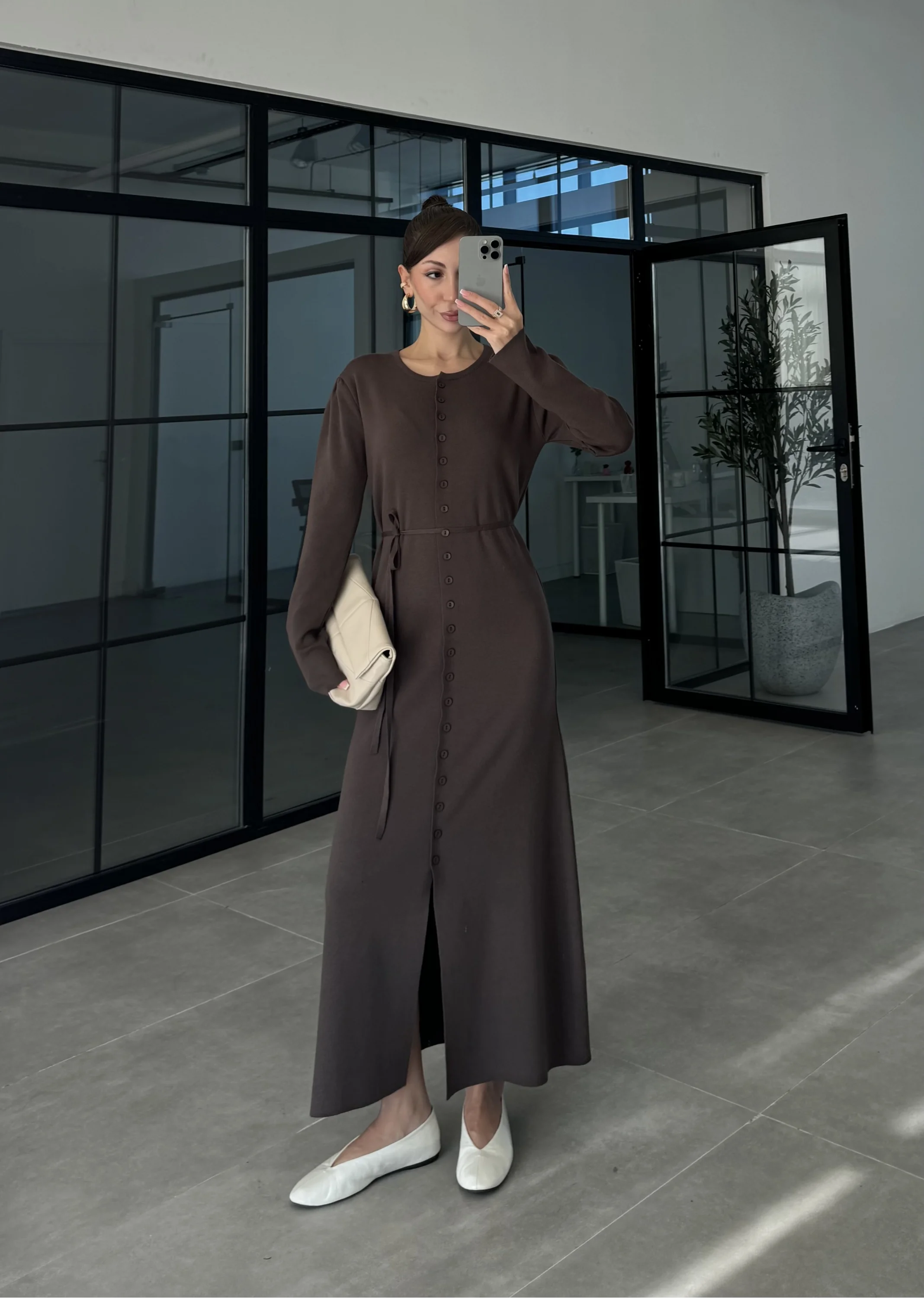Gömlek Model Kuşaklı Kahve Triko Elbise