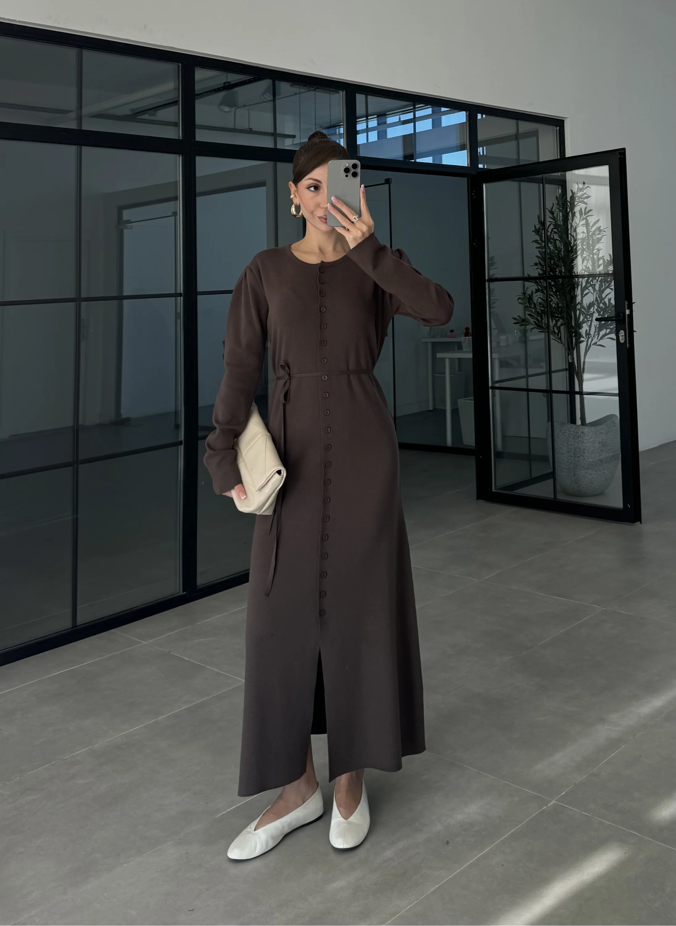 Gömlek Model Kuşaklı Kahve Triko Elbise