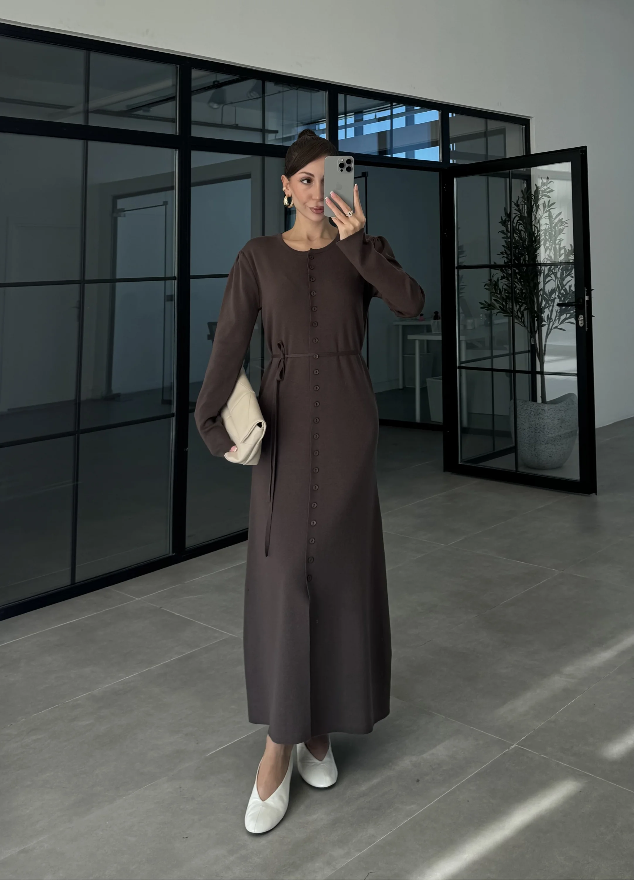 Gömlek Model Kuşaklı Kahve Triko Elbise