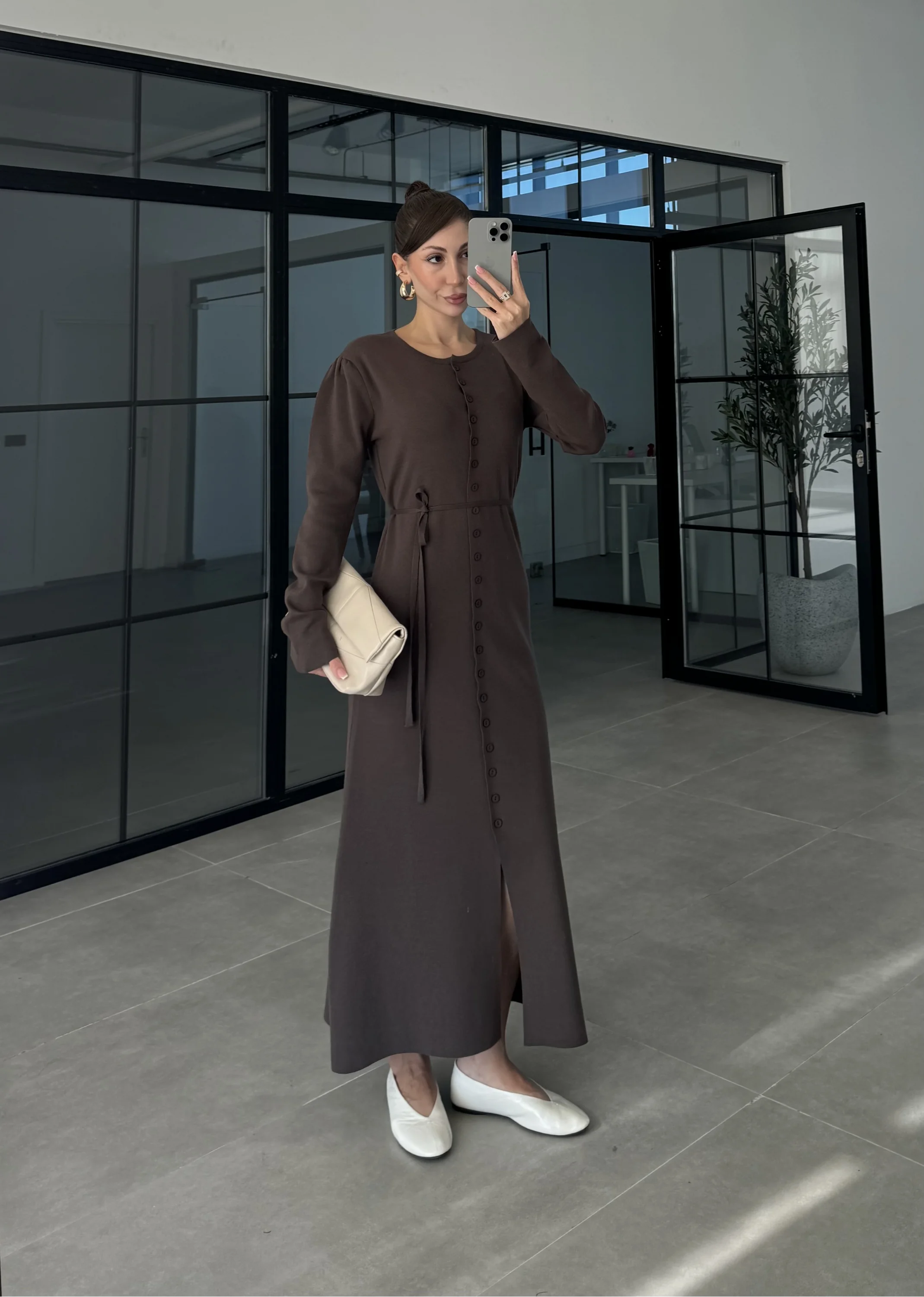 Gömlek Model Kuşaklı Kahve Triko Elbise