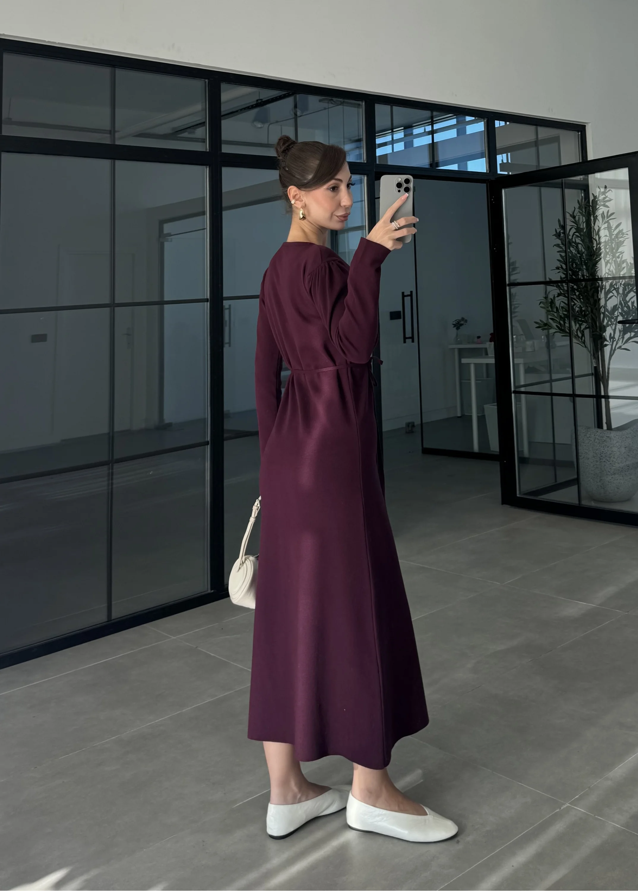 Gömlek Model Kuşaklı Mürdüm Triko Elbise