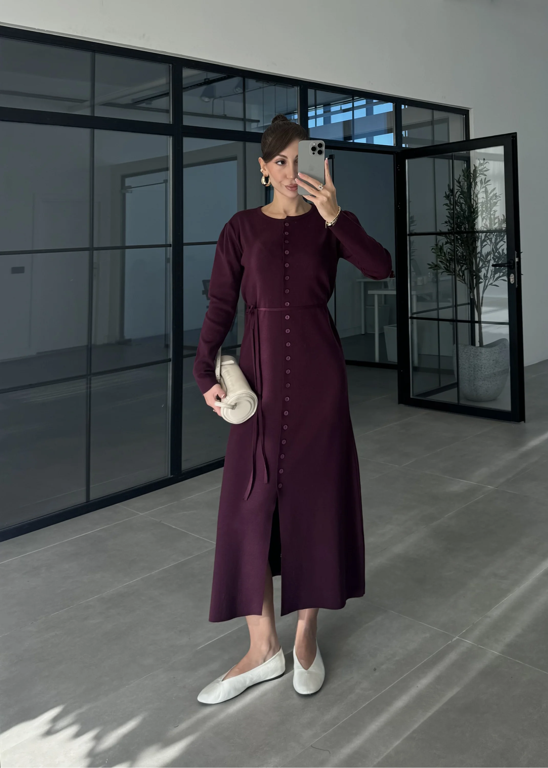 Gömlek Model Kuşaklı Mürdüm Triko Elbise