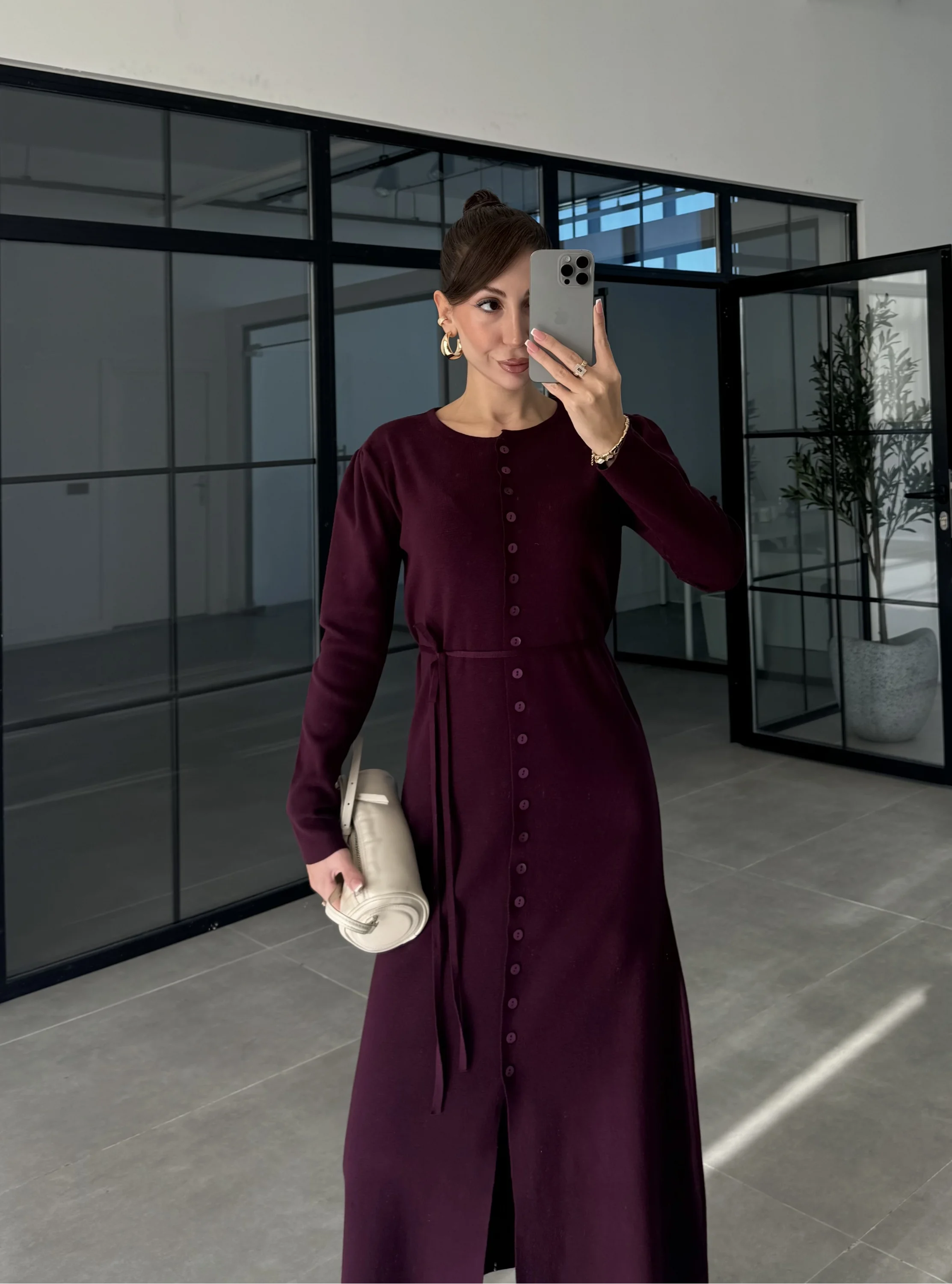 Gömlek Model Kuşaklı Mürdüm Triko Elbise