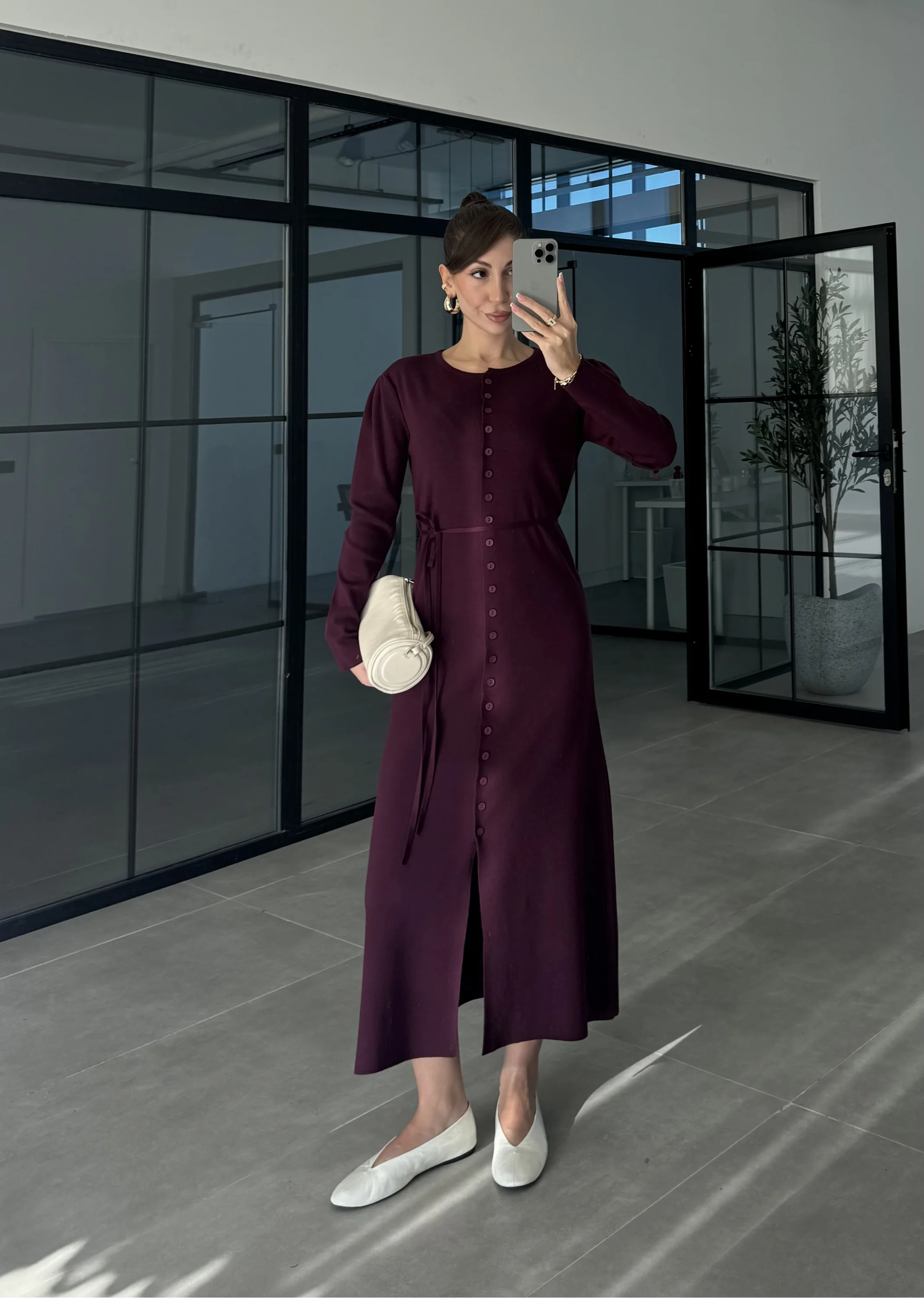 Gömlek Model Kuşaklı Mürdüm Triko Elbise