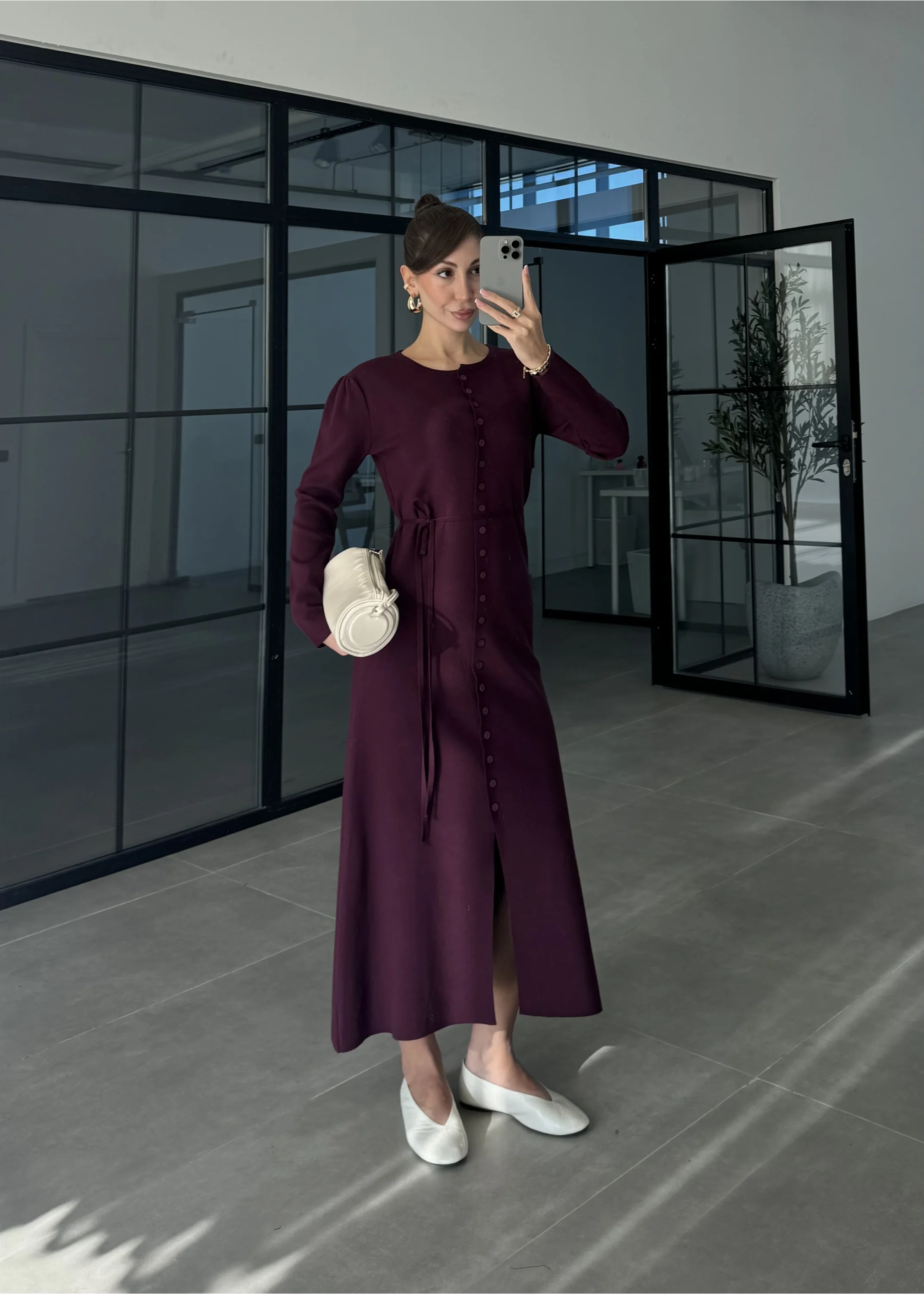 Gömlek Model Kuşaklı Mürdüm Triko Elbise