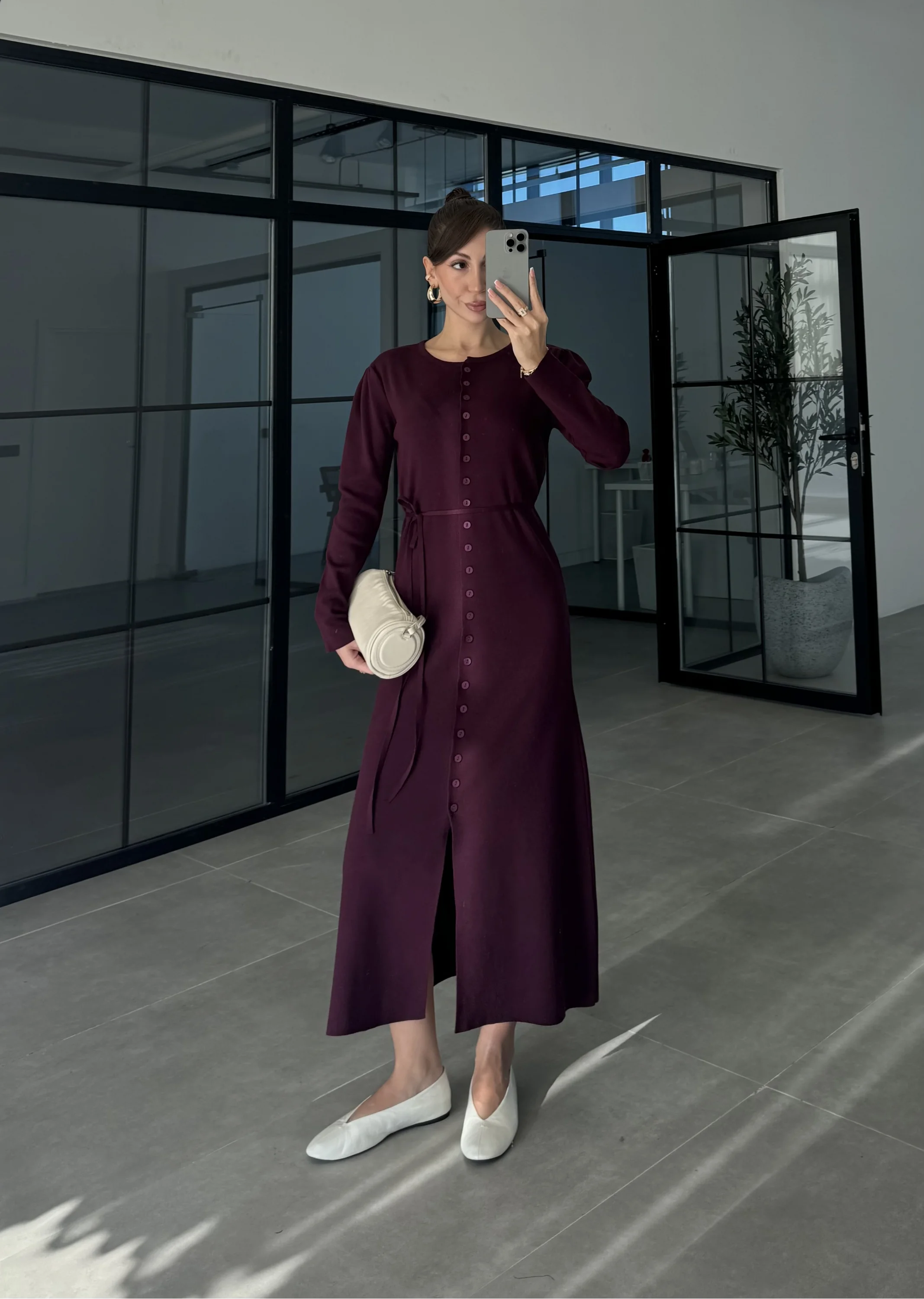 Gömlek Model Kuşaklı Mürdüm Triko Elbise