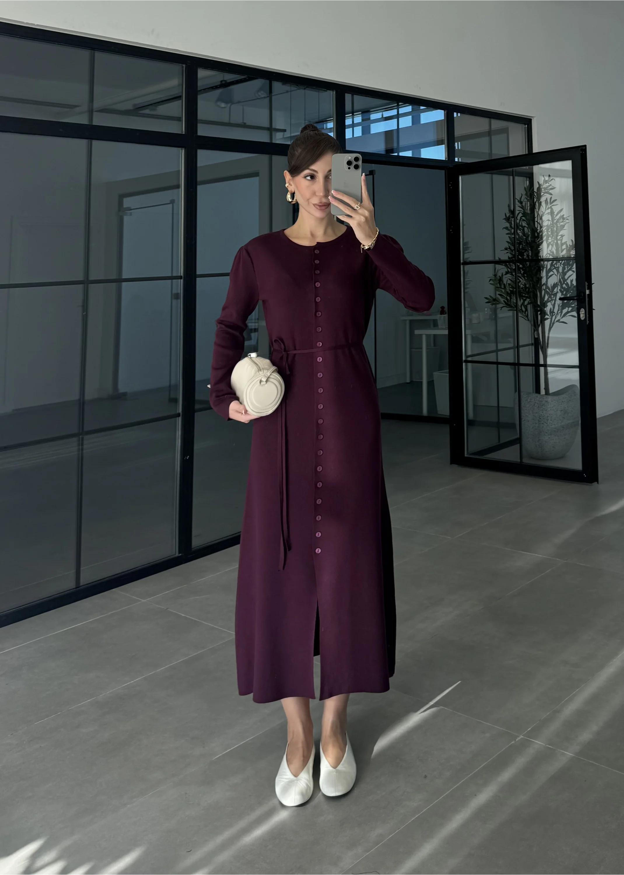 Gömlek Model Kuşaklı Mürdüm Triko Elbise