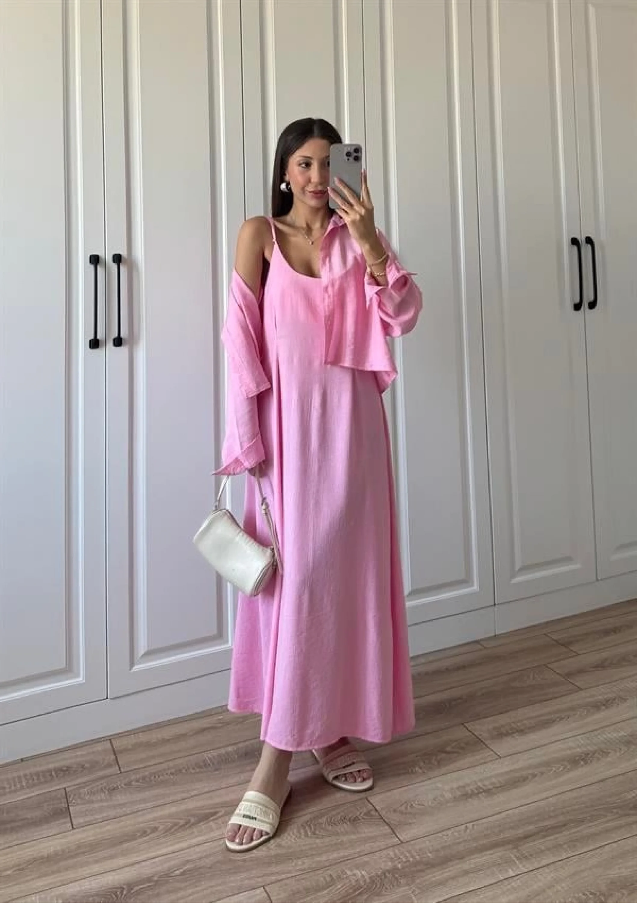 İthal Kumaş Premium Askılı Pembe Gömlek Elbise