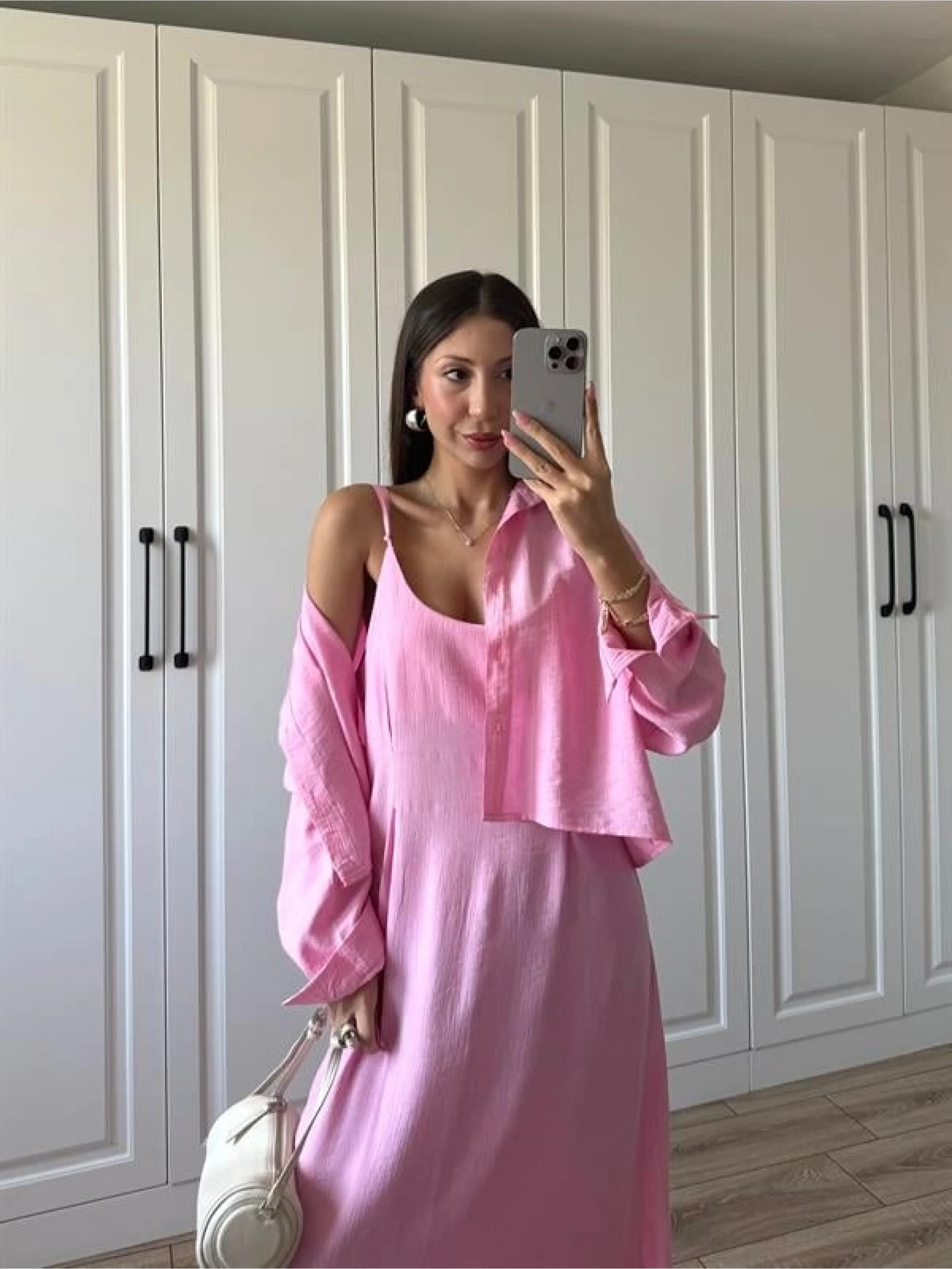 İthal Kumaş Premium Askılı Pembe Gömlek Elbise
