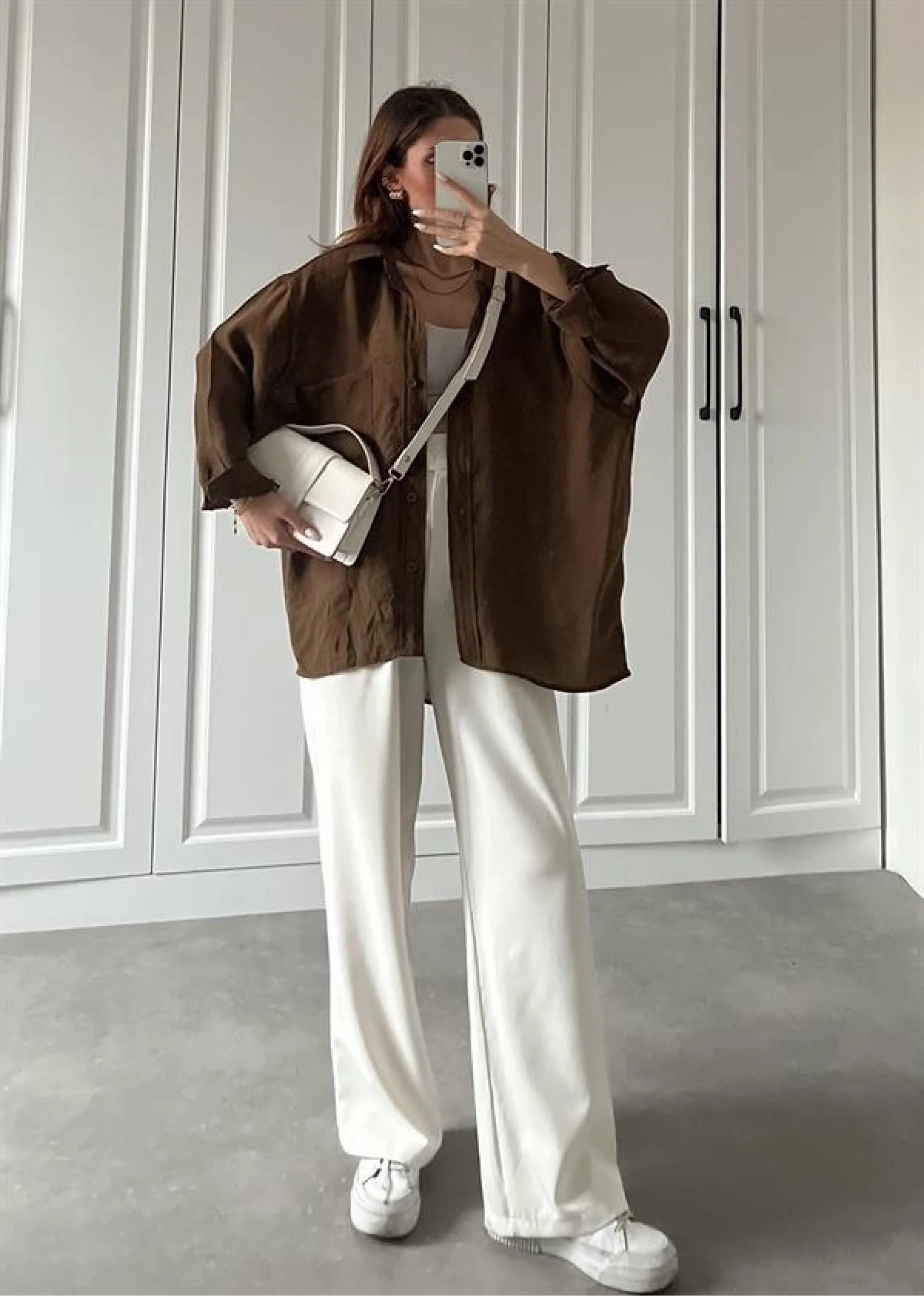 Kahve Oversize Tensel Gömlek