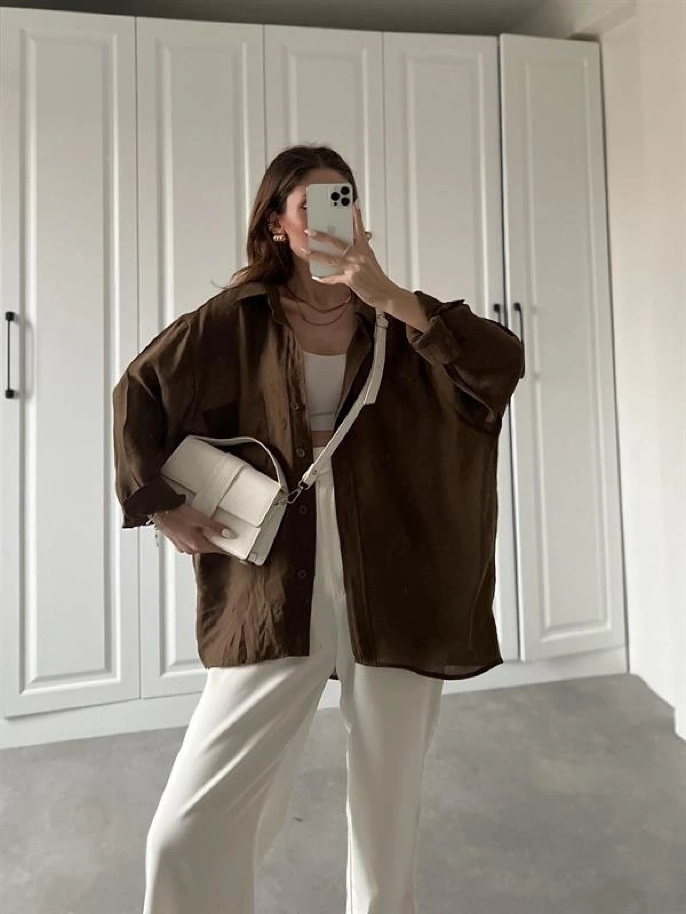 Kahve Oversize Tensel Gömlek
