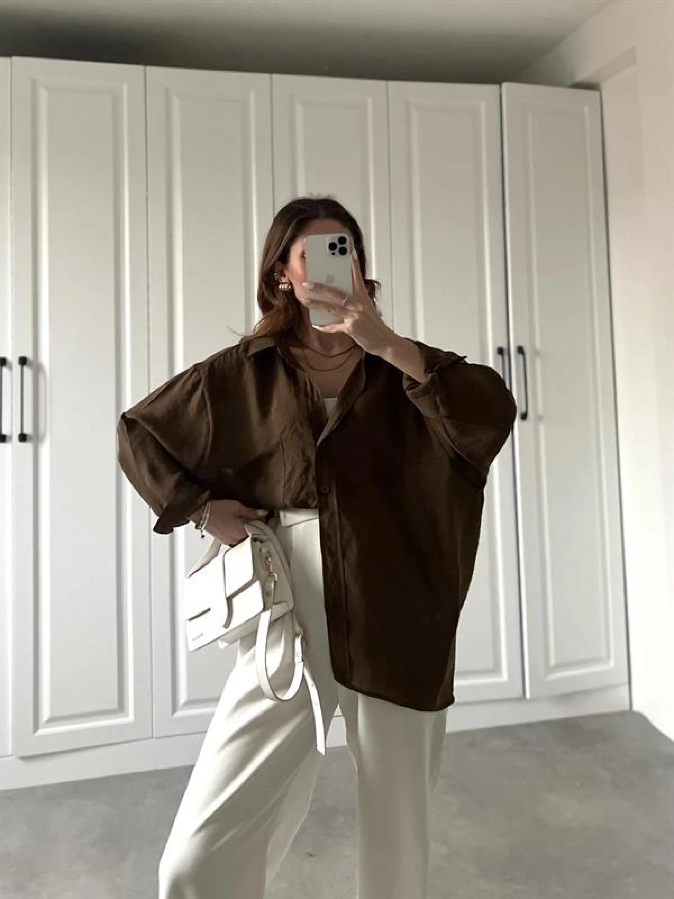 Kahve Oversize Tensel Gömlek