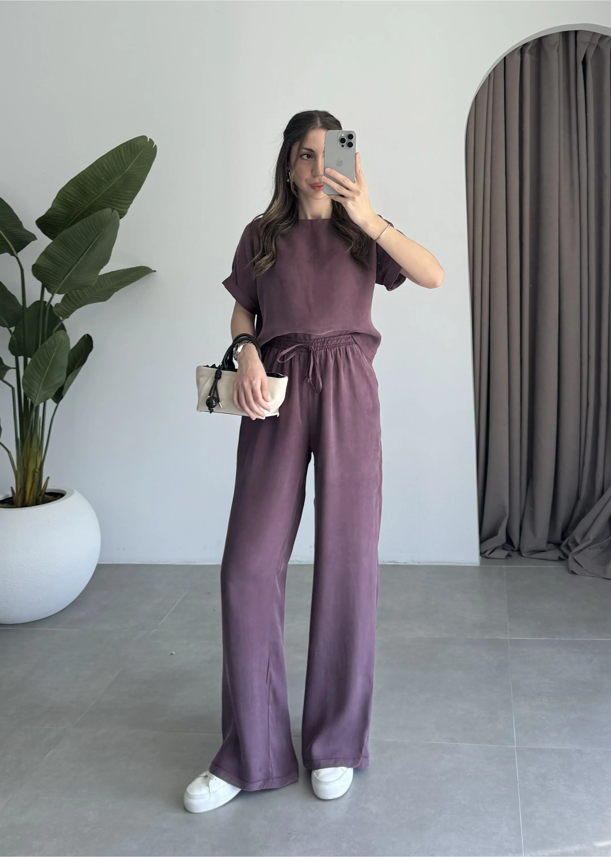 Lea Tensel Bordo Basic Bluz Takım